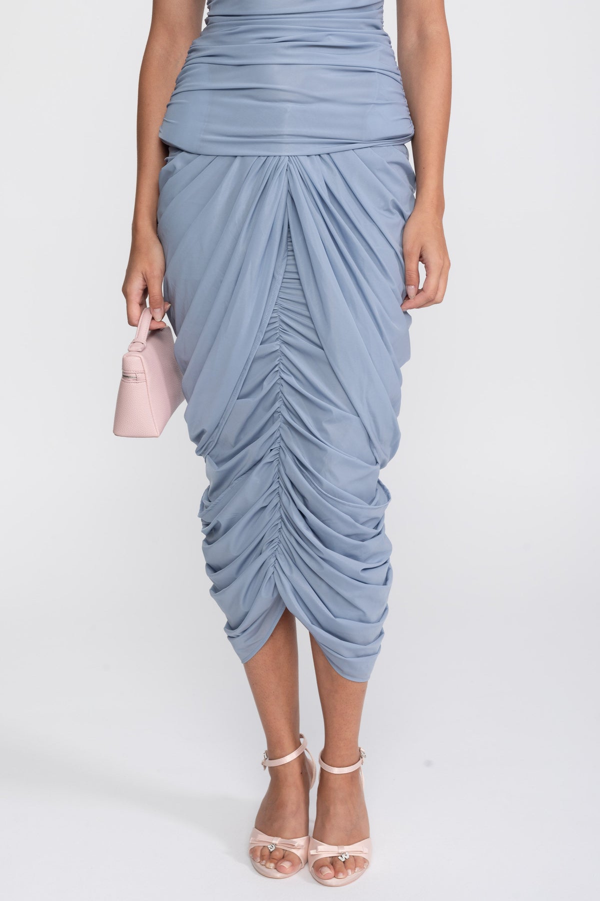 Rosette Ruched Jersey Top and Wrap Midi Skirt Co-ord Set – Dusty Blue – view 8