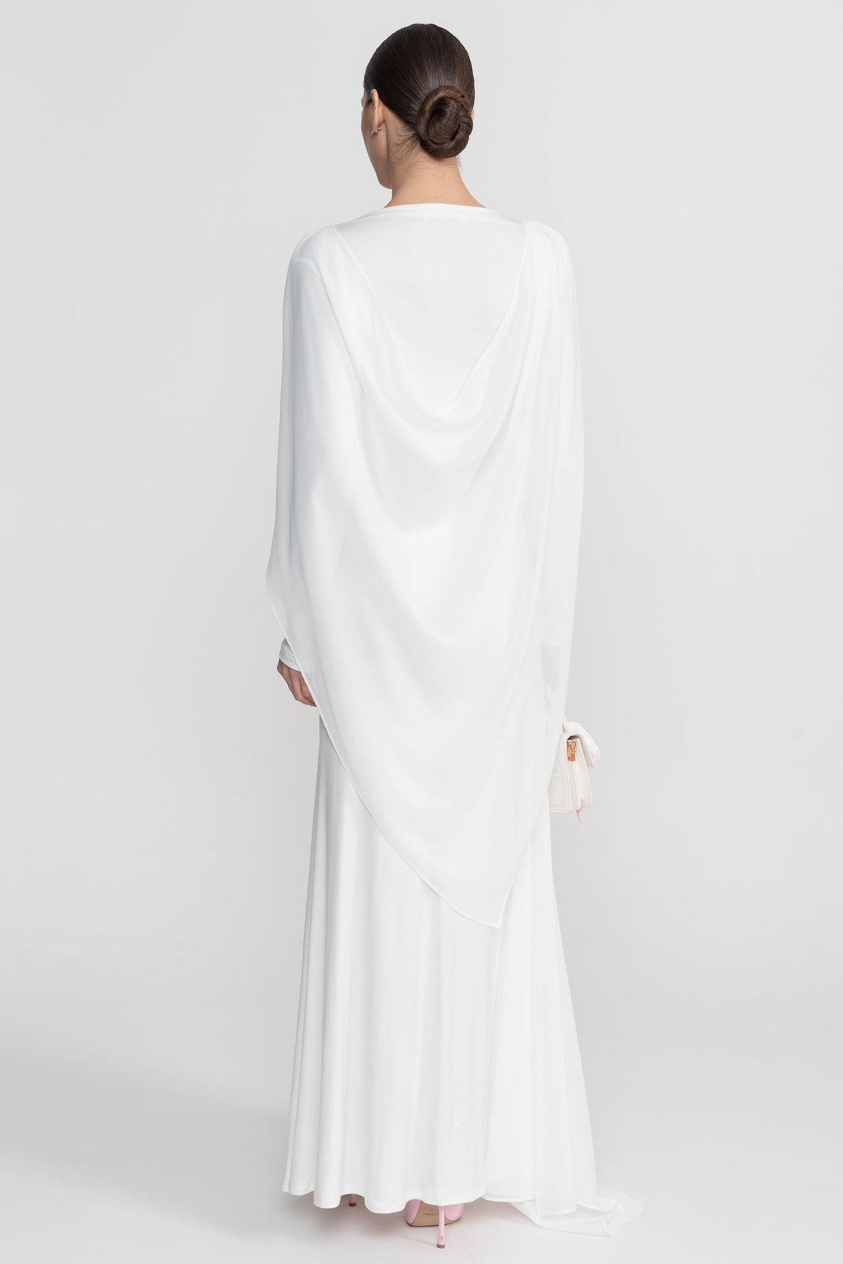 Bateau Neck Long Sleeve Jersey Maxi Dress with Cape Overlay – White – view 6