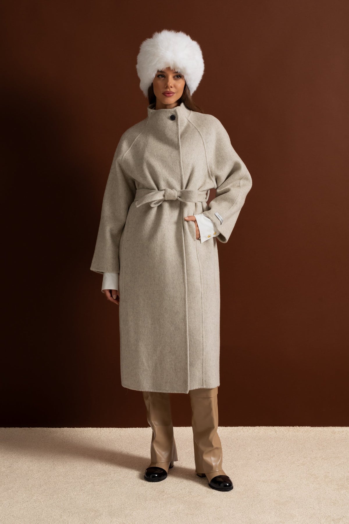 Belted Wool Blend Midi Coat with High Neckline – Beige – view 9