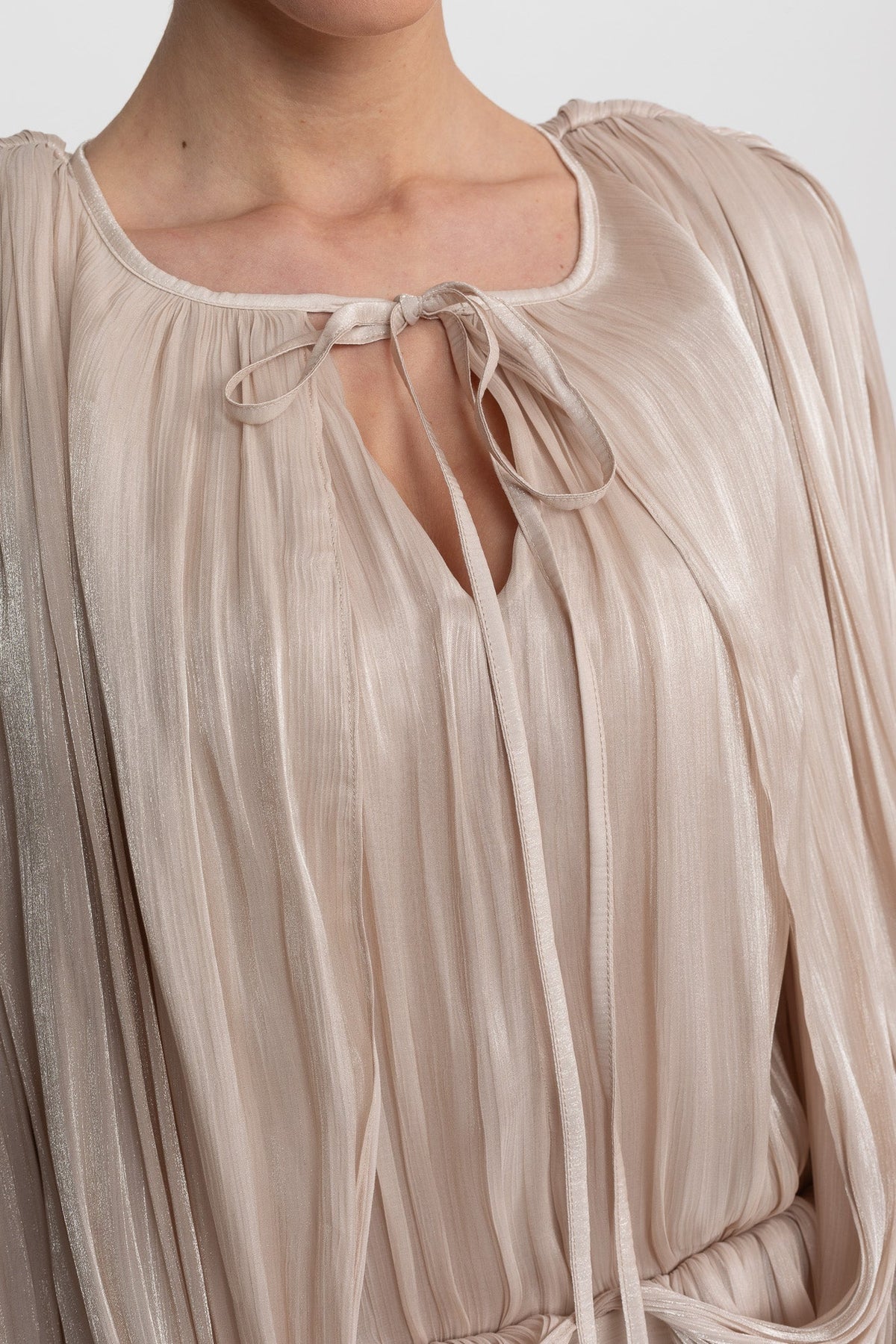 Draped Tie Neck Batwing Sleeve Mini Dress – Champagne – view 5