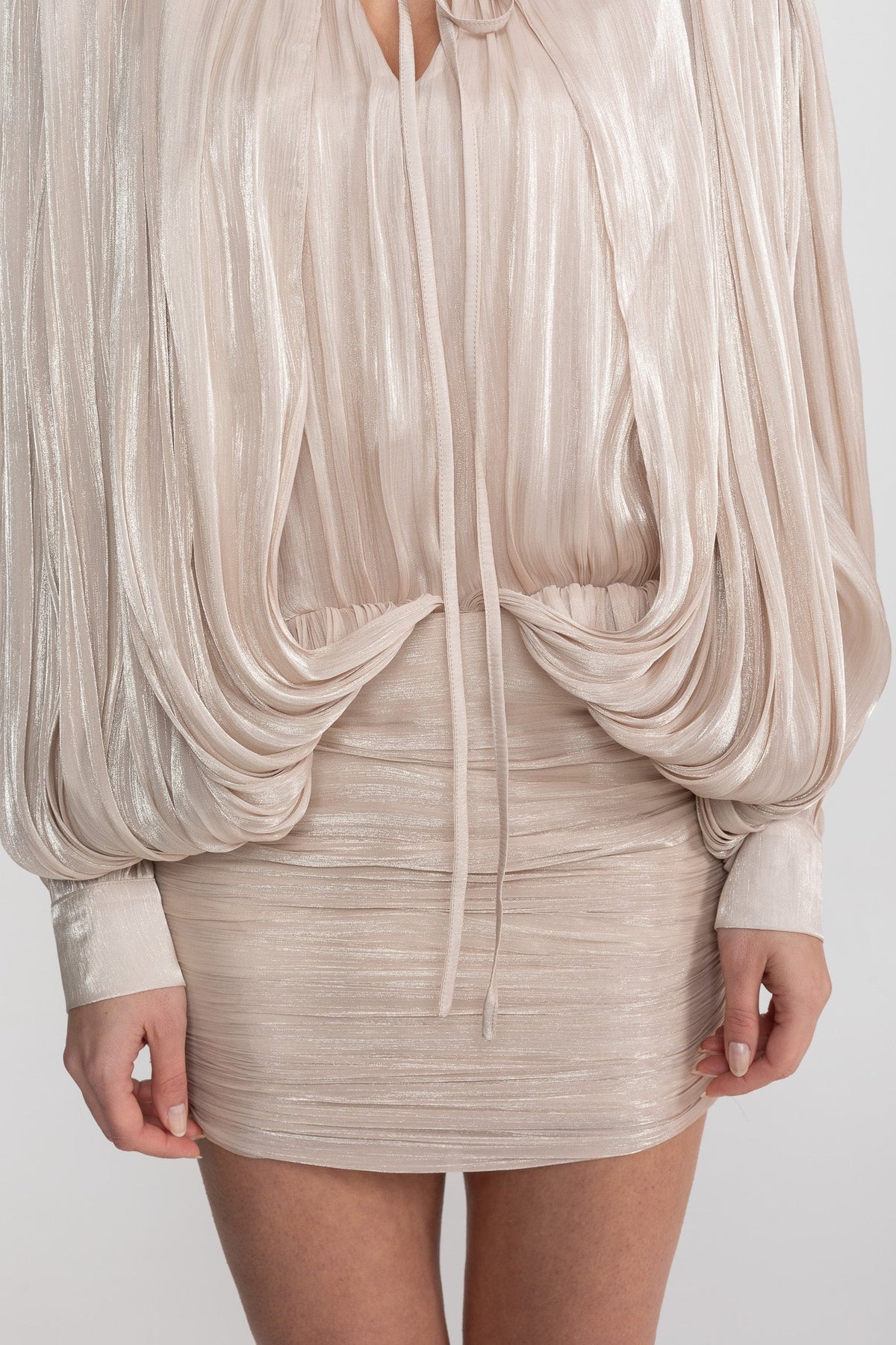 Draped Tie Neck Batwing Sleeve Mini Dress – Champagne – view 6