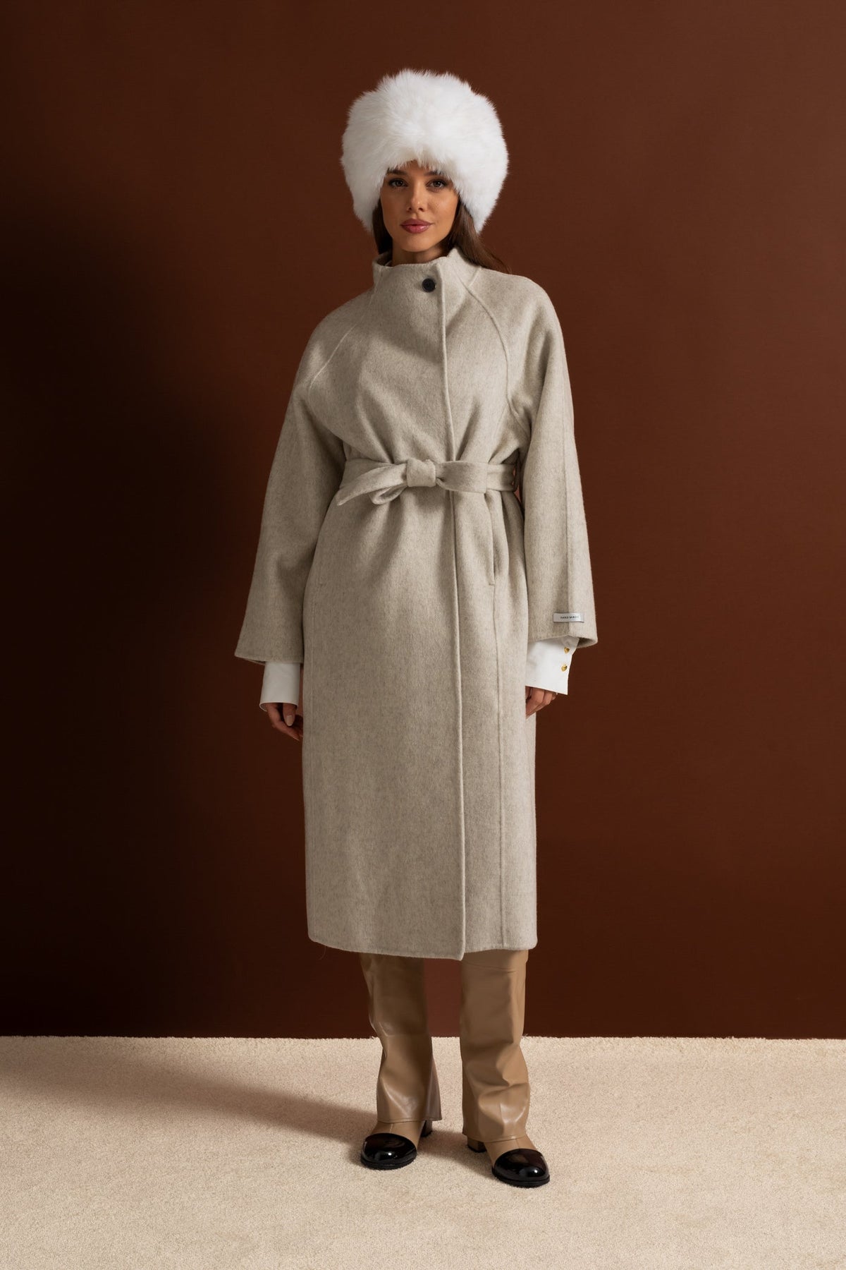 Belted Wool Blend Midi Coat with High Neckline – Beige – view 10