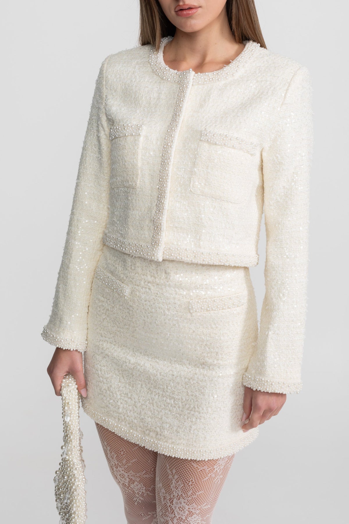 Tweed Mini Skirt with Tonal Beaded Trim and Hemline – Ivoire – view 3