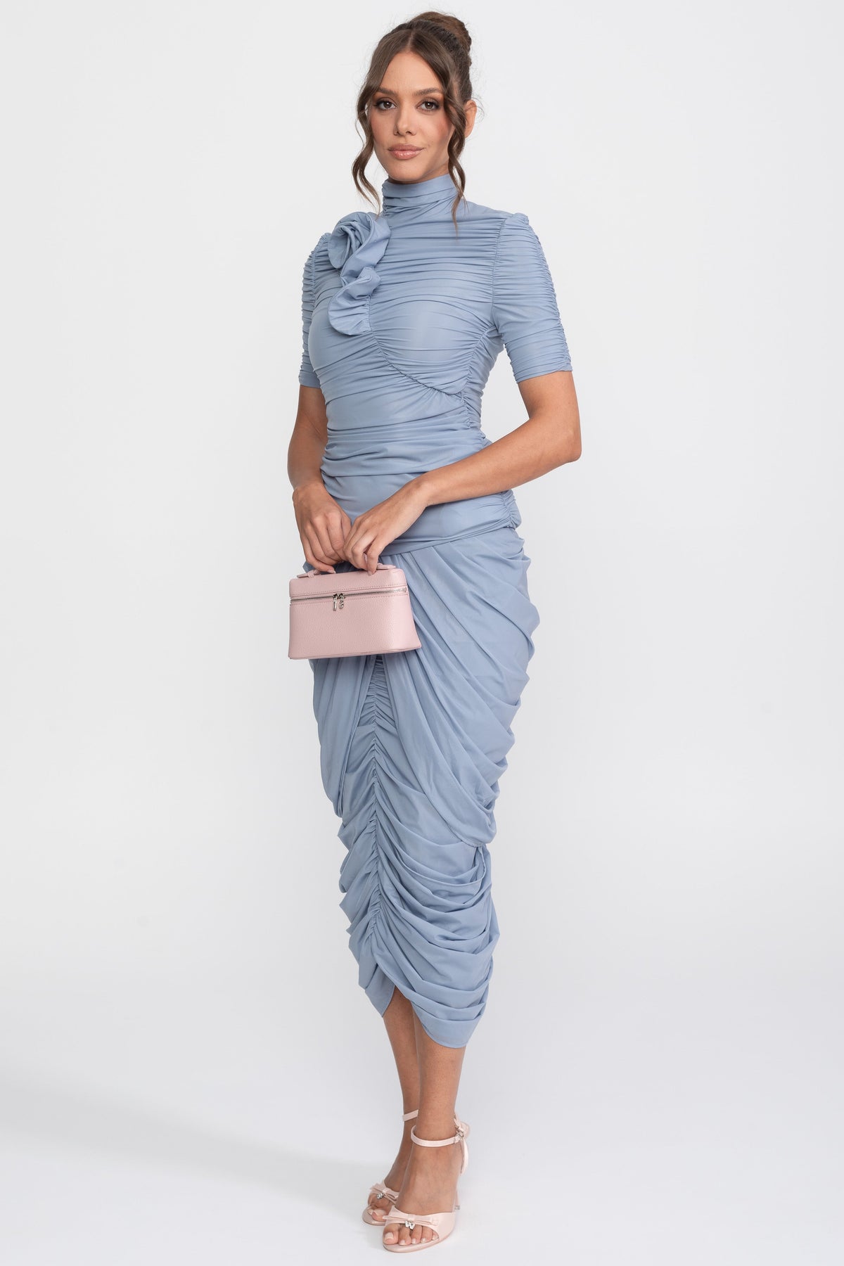 Rosette Ruched Jersey Top and Wrap Midi Skirt Co-ord Set – Dusty Blue – view 3