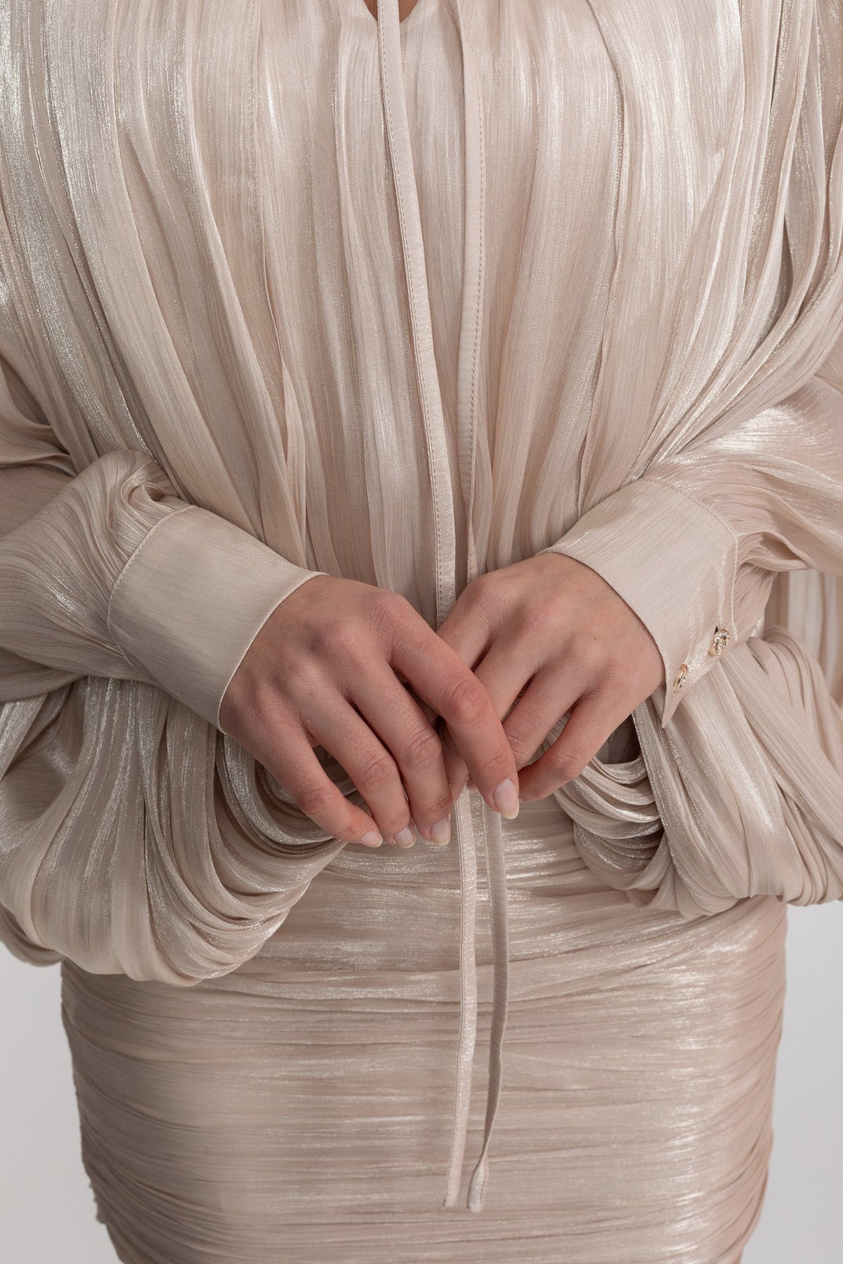 Draped Tie Neck Batwing Sleeve Mini Dress – Champagne – view 7