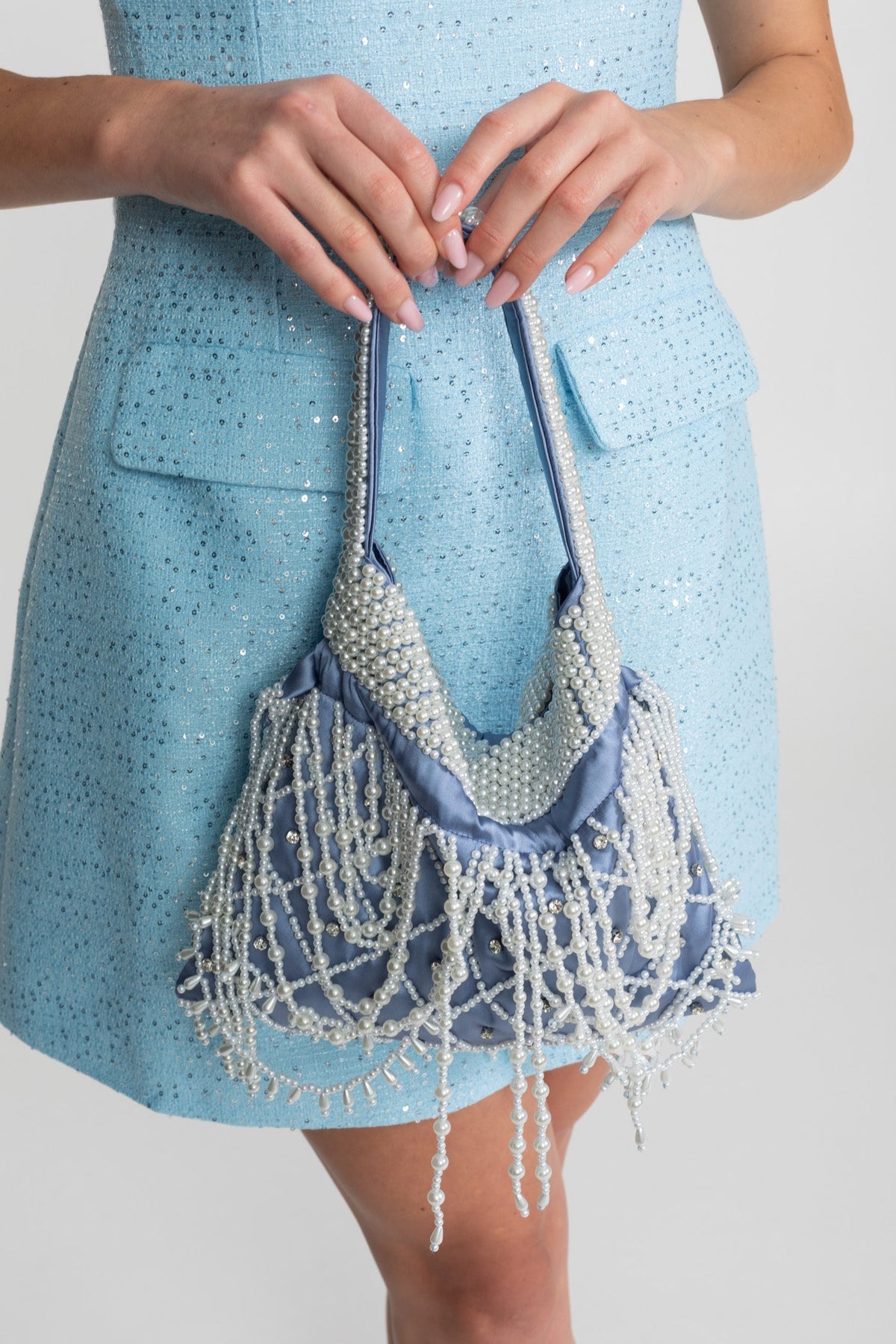 Pearl and Crystal Beaded Satin Mini Bag with Gathered Handle – Blue