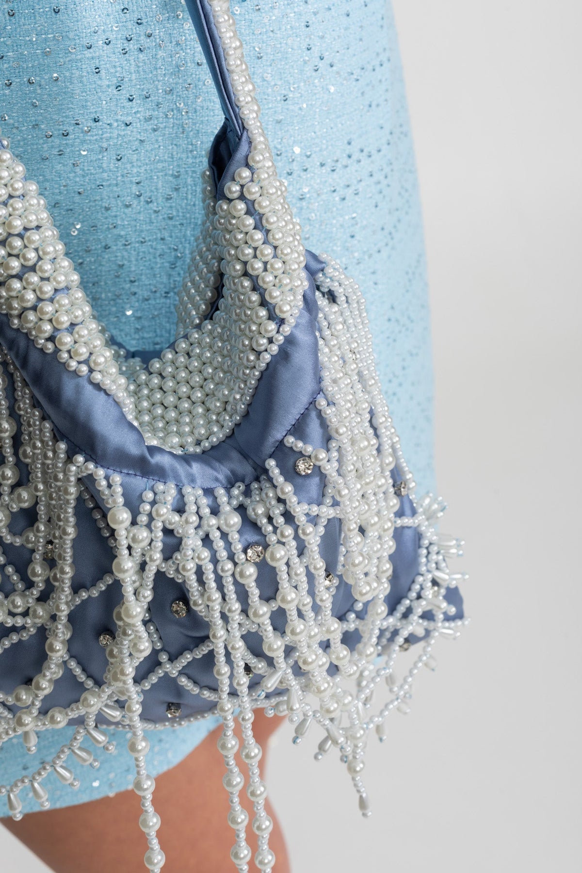 Pearl and Crystal Beaded Satin Mini Bag with Gathered Handle – Blue – view 2