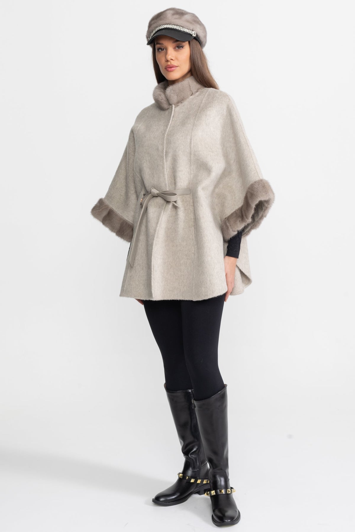 Wool Blend Cape Coat with Collar Trim and Tie Belt – Light Grey – view 7