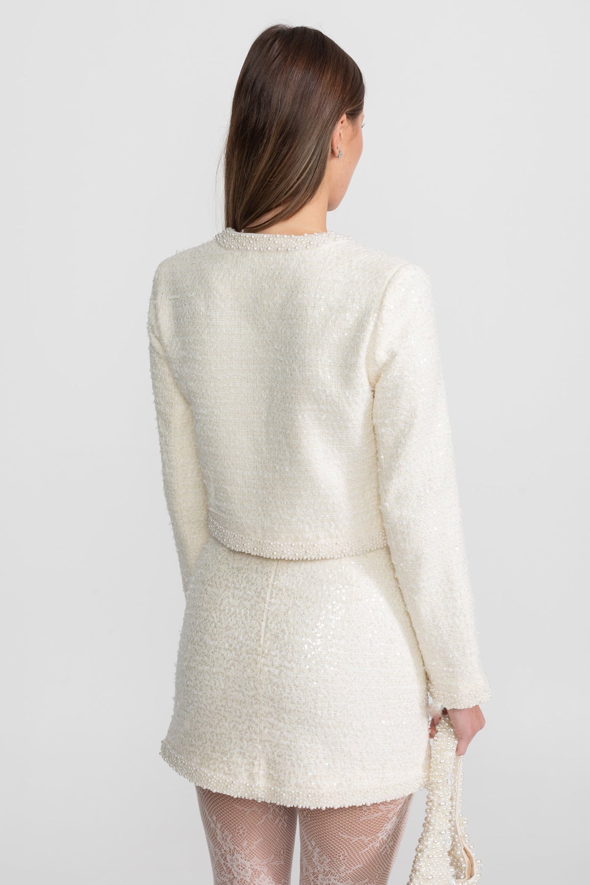 Tweed Mini Skirt with Tonal Beaded Trim and Hemline – Ivoire – view 7