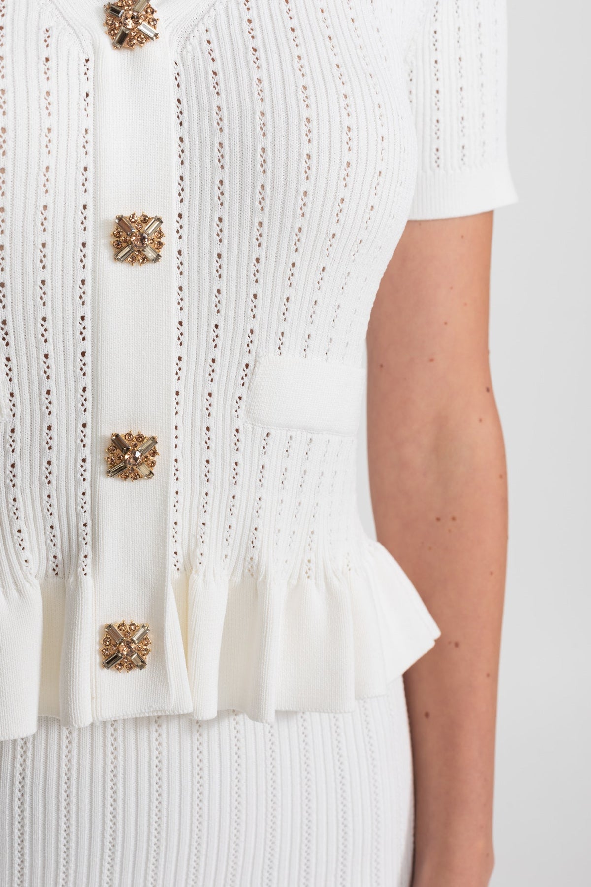 Ribbed Knit Peplum Top and Midi Skirt Co-ord with Gold Buttons – White – view 4
