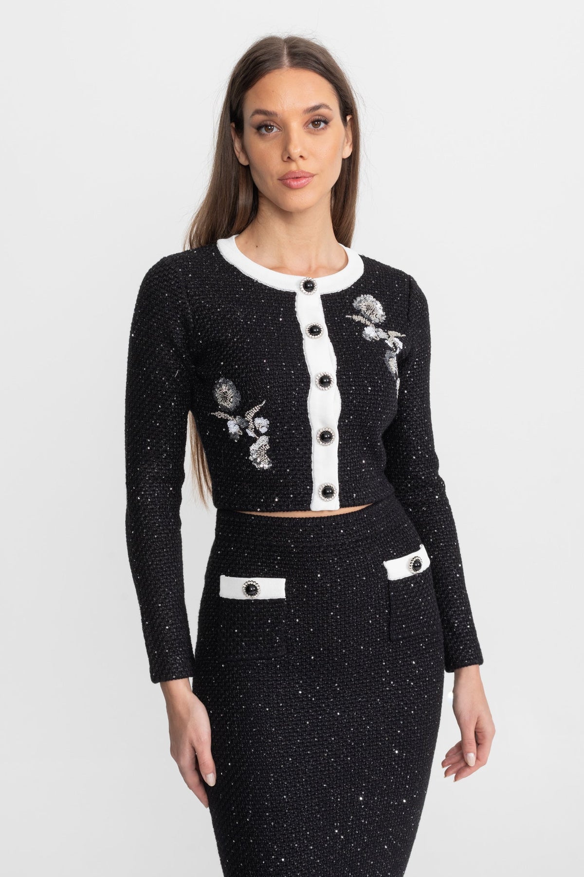 Floral Appliqué Tweed Knit Cropped Cardigan and Midi Skirt Set – Black – view 4