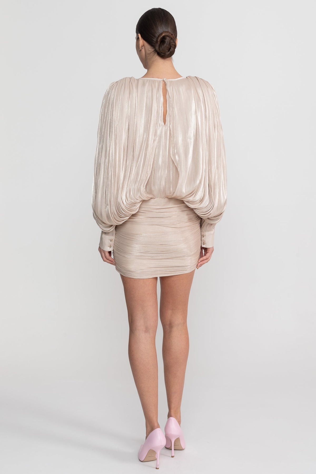 Draped Tie Neck Batwing Sleeve Mini Dress – Champagne – view 9