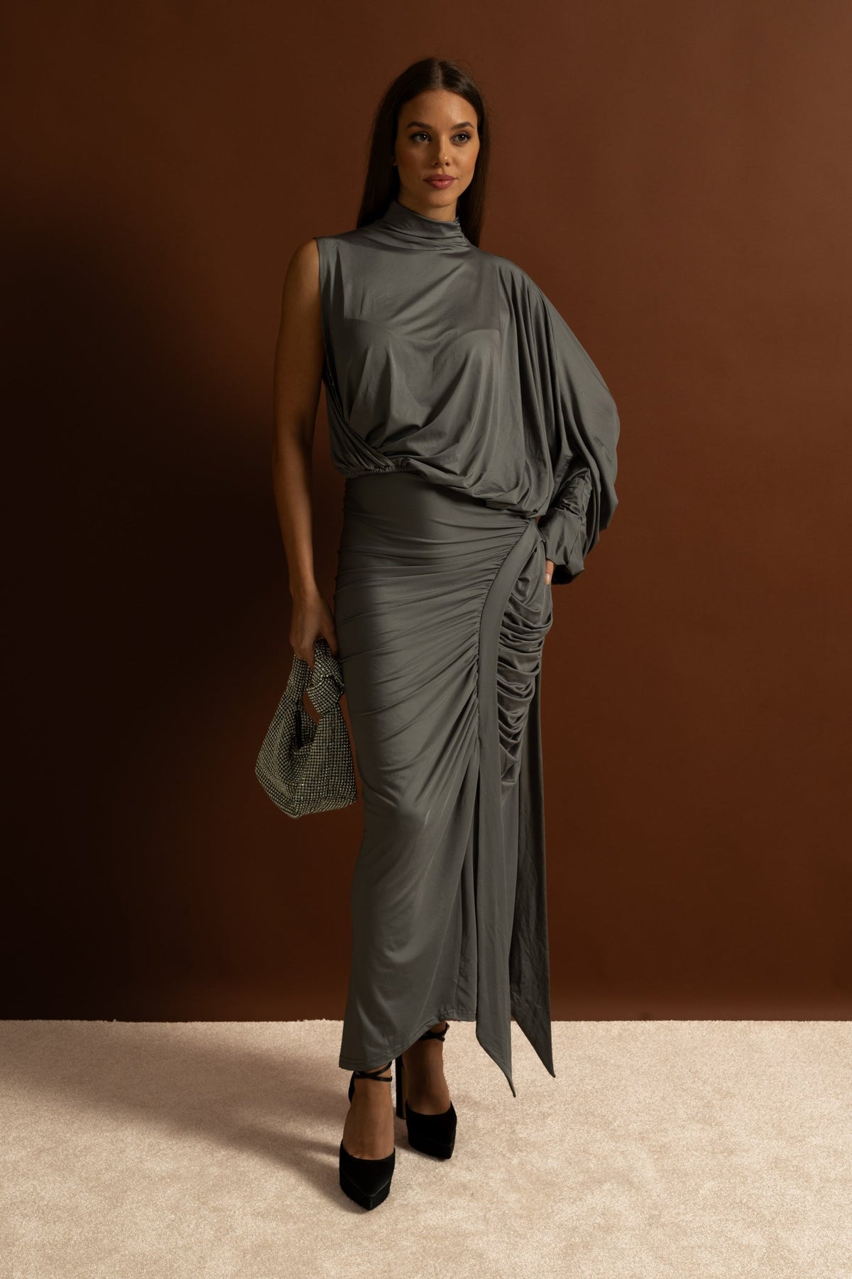 Draped Asymmetric One-Sleeve Top and Ruched Maxi Skirt Co-ord Set – Steel Grey – view 6