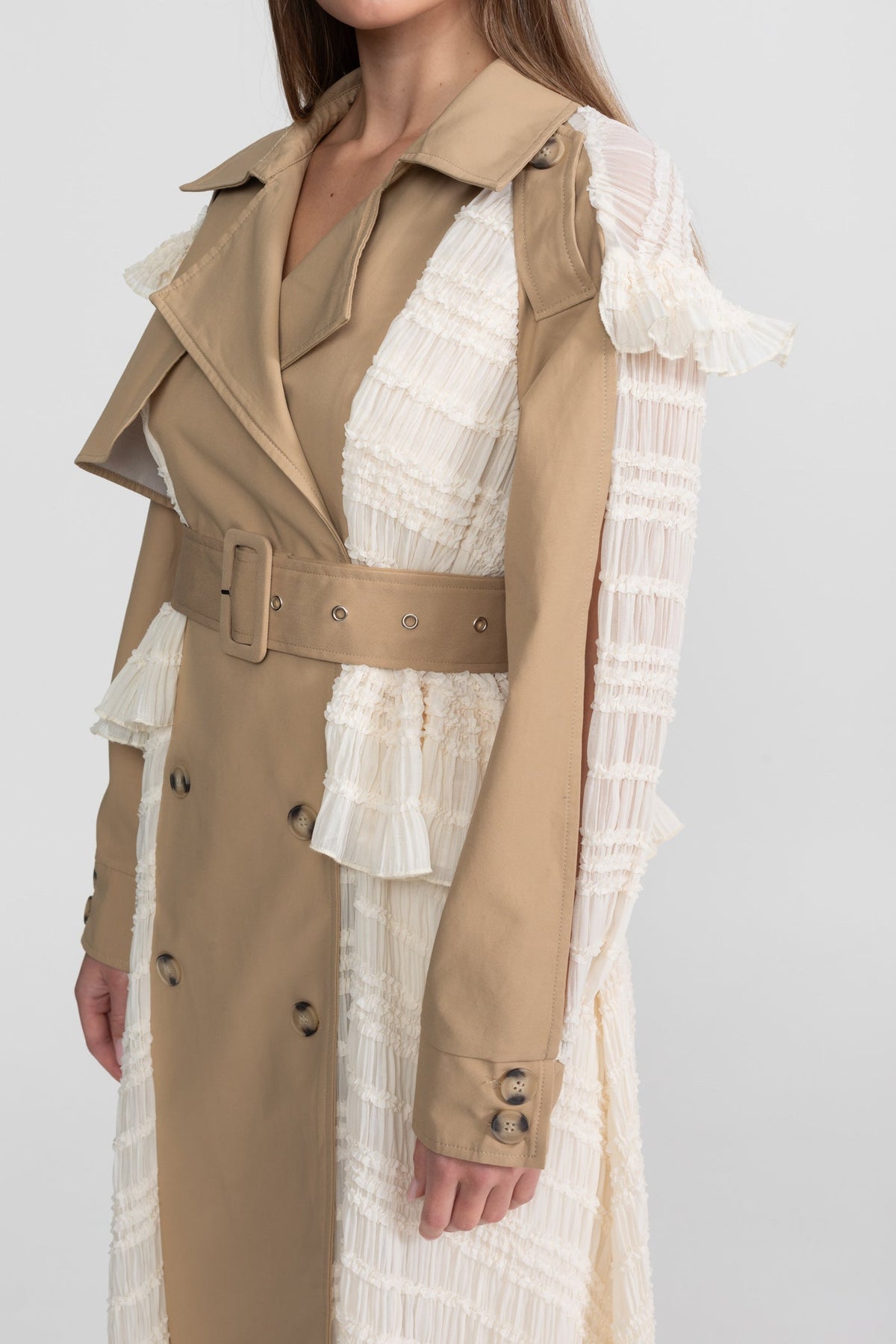 Longline Double-Breasted Lace Panel Trench Coat with Belt – Beige – view 6