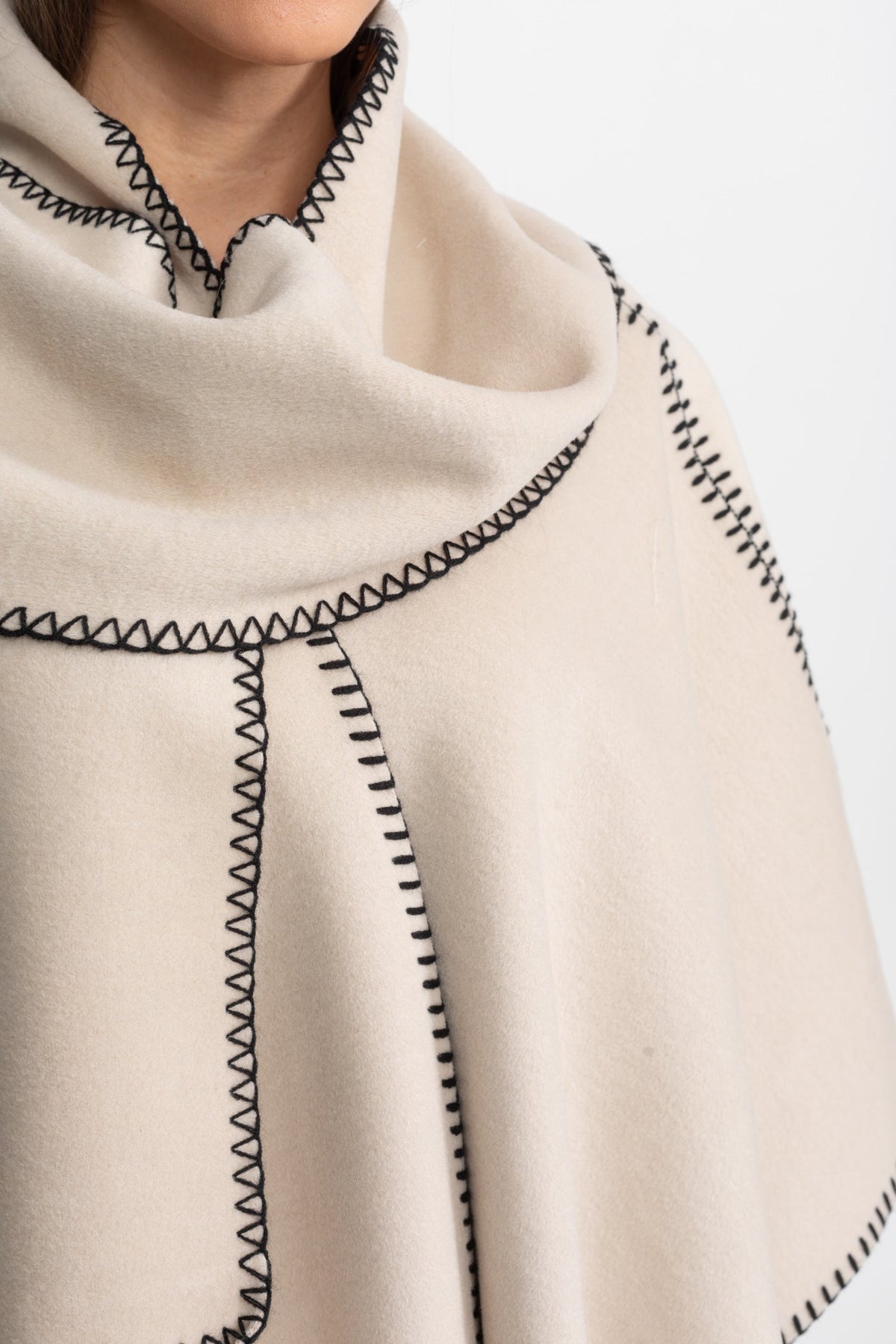 Wool Blend Poncho with Contrast Whipstitch Edging – Ivory – view 7