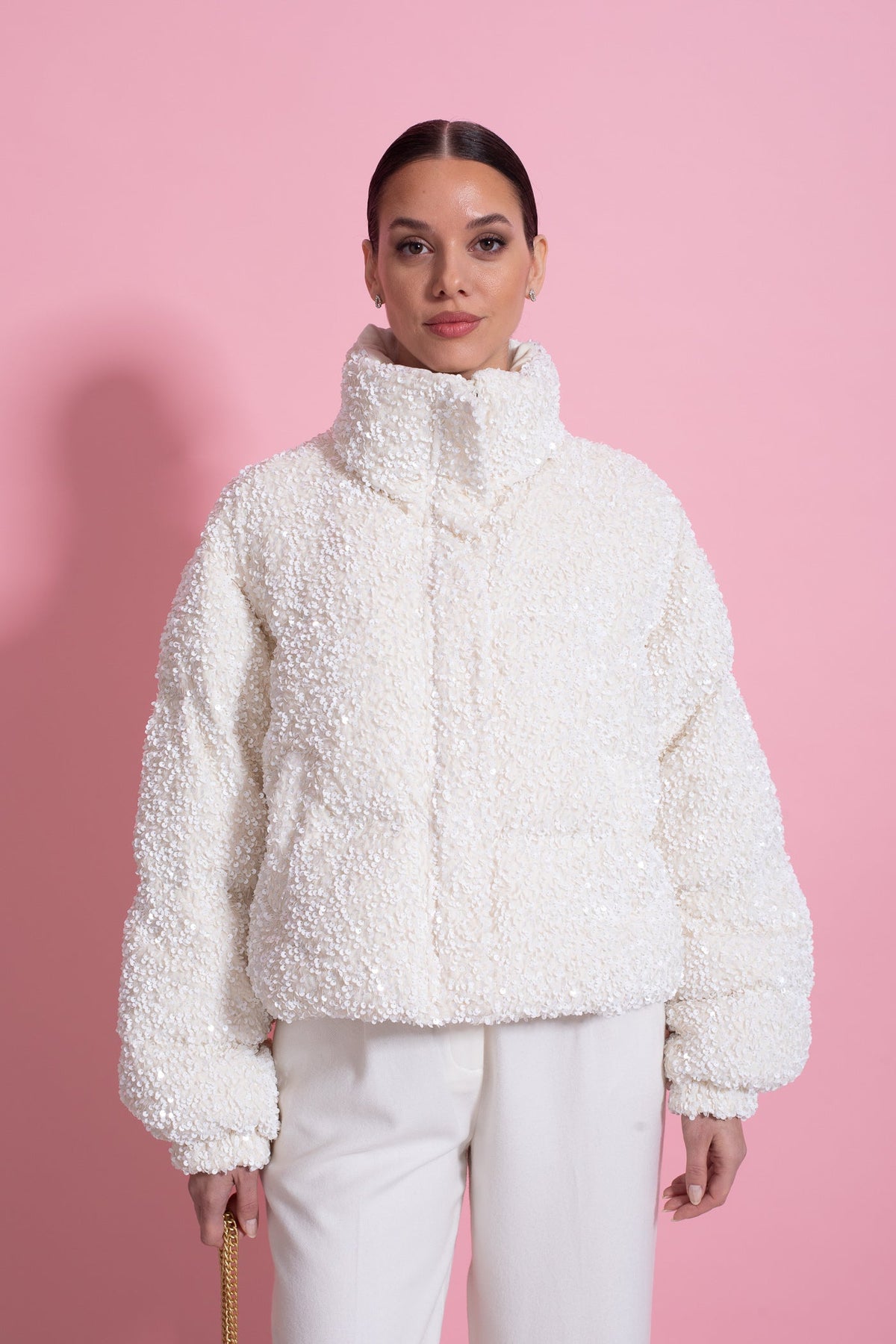 Cropped Sequin Puffer Jacket with High Stand Collar – White – view 12