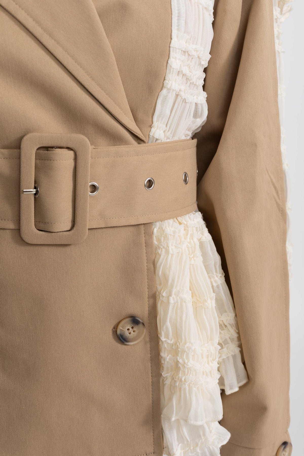 Double-Breasted Lace Panel Trench Jacket with Buckled Belt – Beige