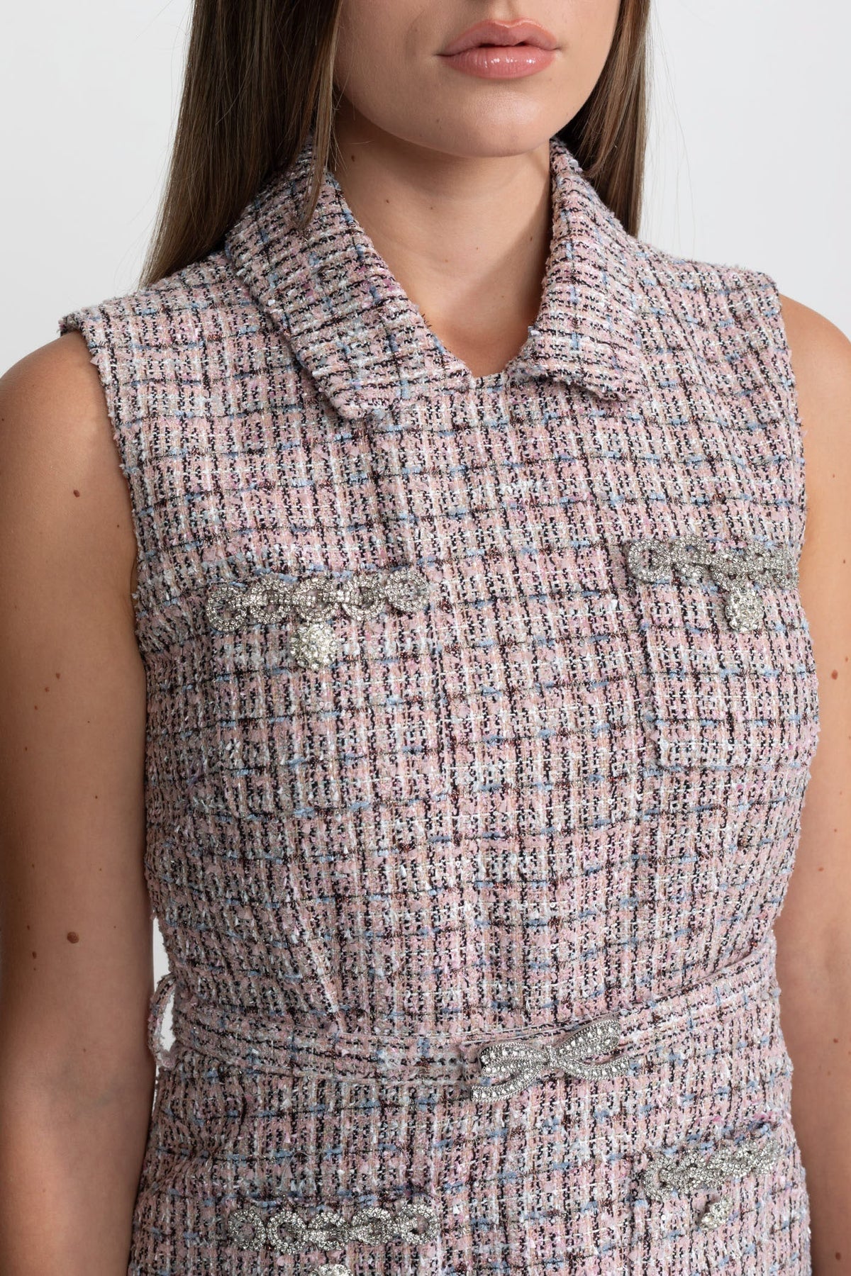 Sleeveless Tweed Vest Dress with Pleated Chiffon Skirt – Pink & White – view 5