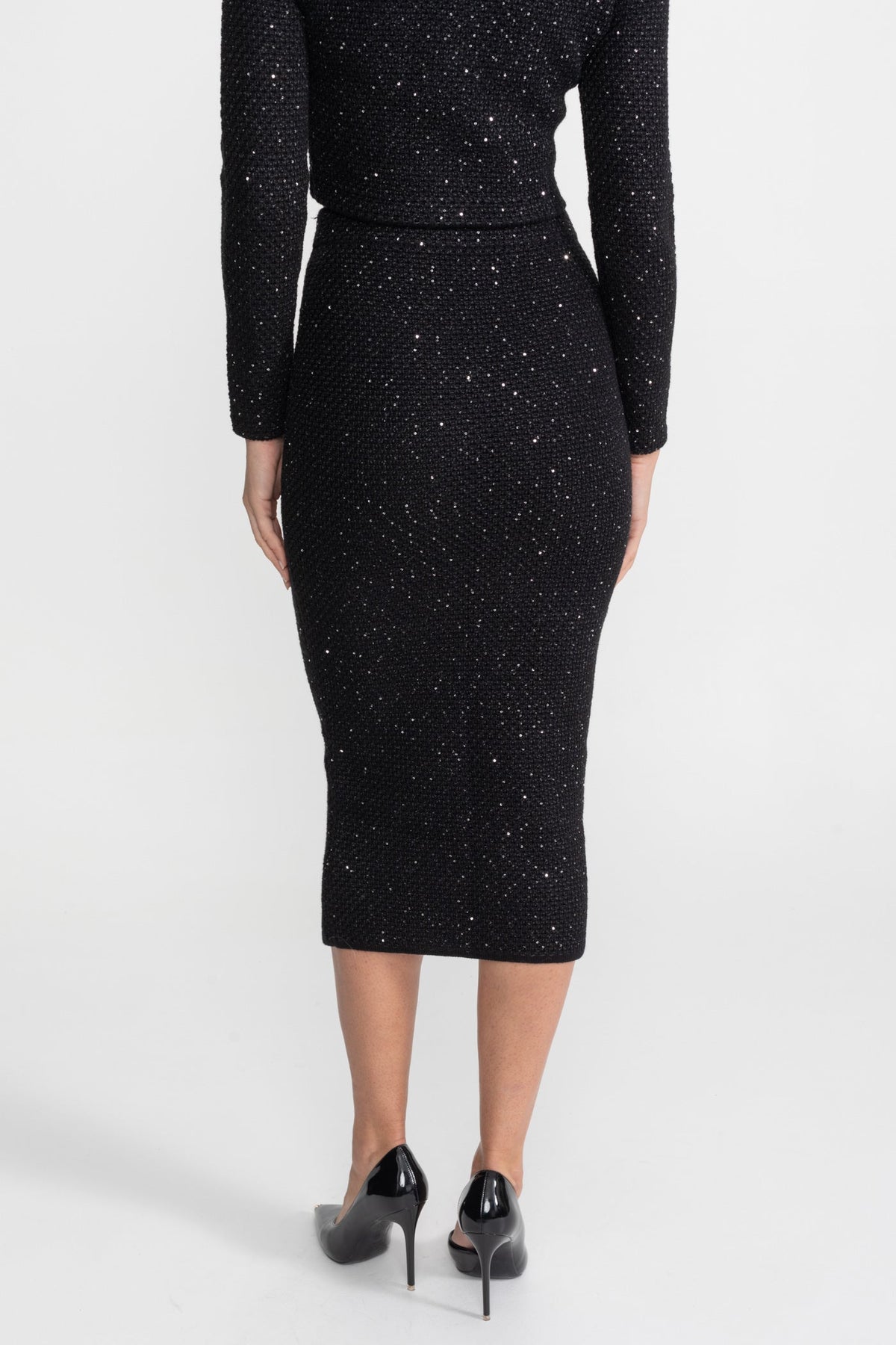 Floral Appliqué Tweed Knit Cropped Cardigan and Midi Skirt Set – Black – view 7