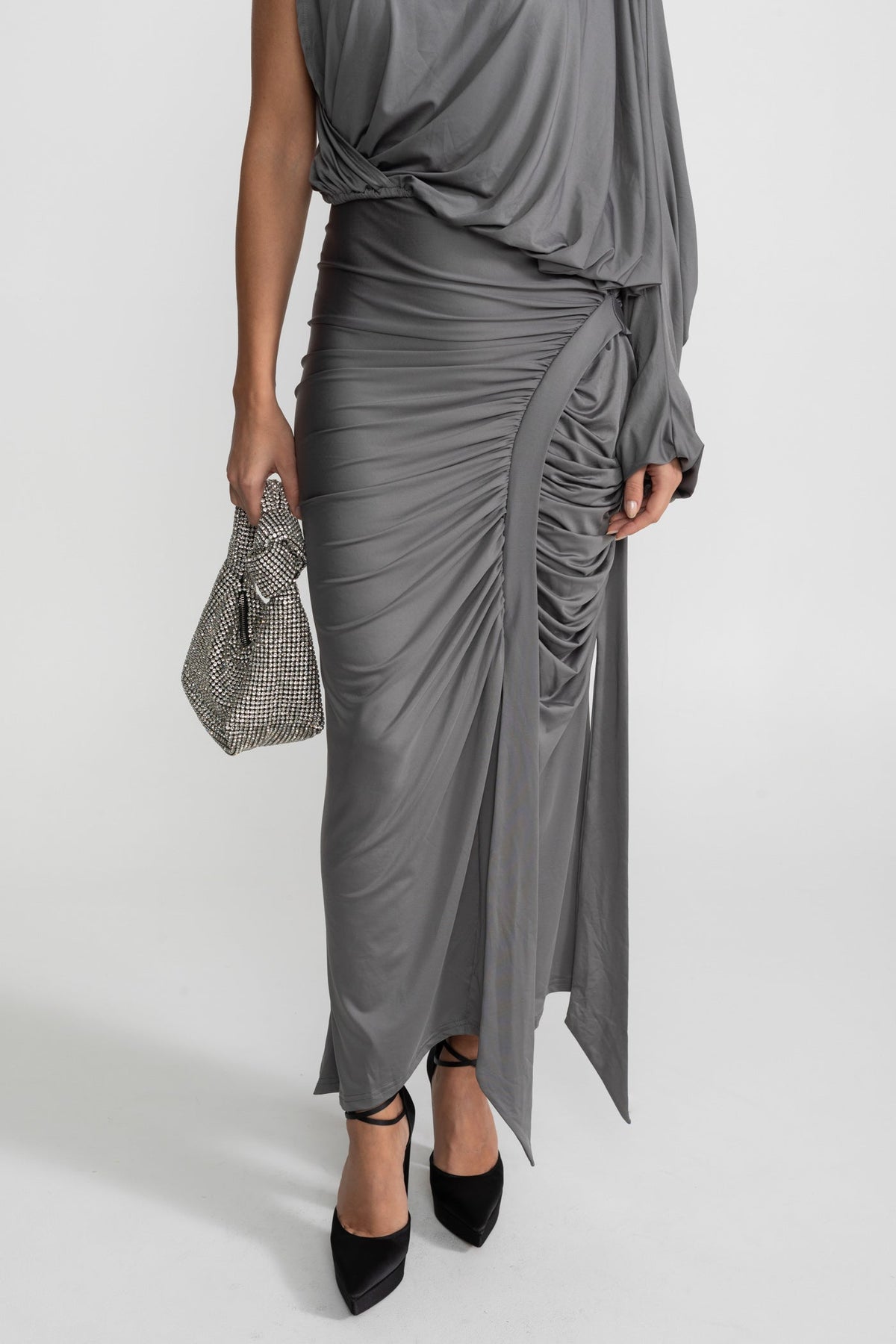 Draped Asymmetric One-Sleeve Top and Ruched Maxi Skirt Co-ord Set – Steel Grey – view 3