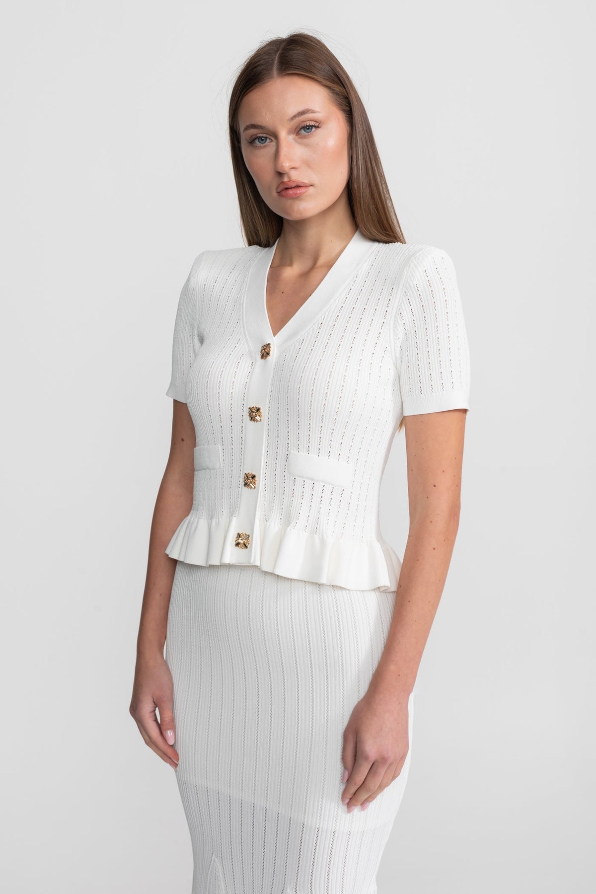 Ribbed Knit Peplum Top and Midi Skirt Co-ord with Gold Buttons – White – view 5