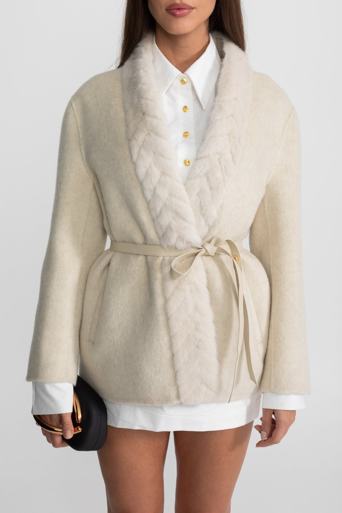 Wool and Alpaca Cocoon Jacket with Shawl Collar and Leather Belt – Ivoire – view 4