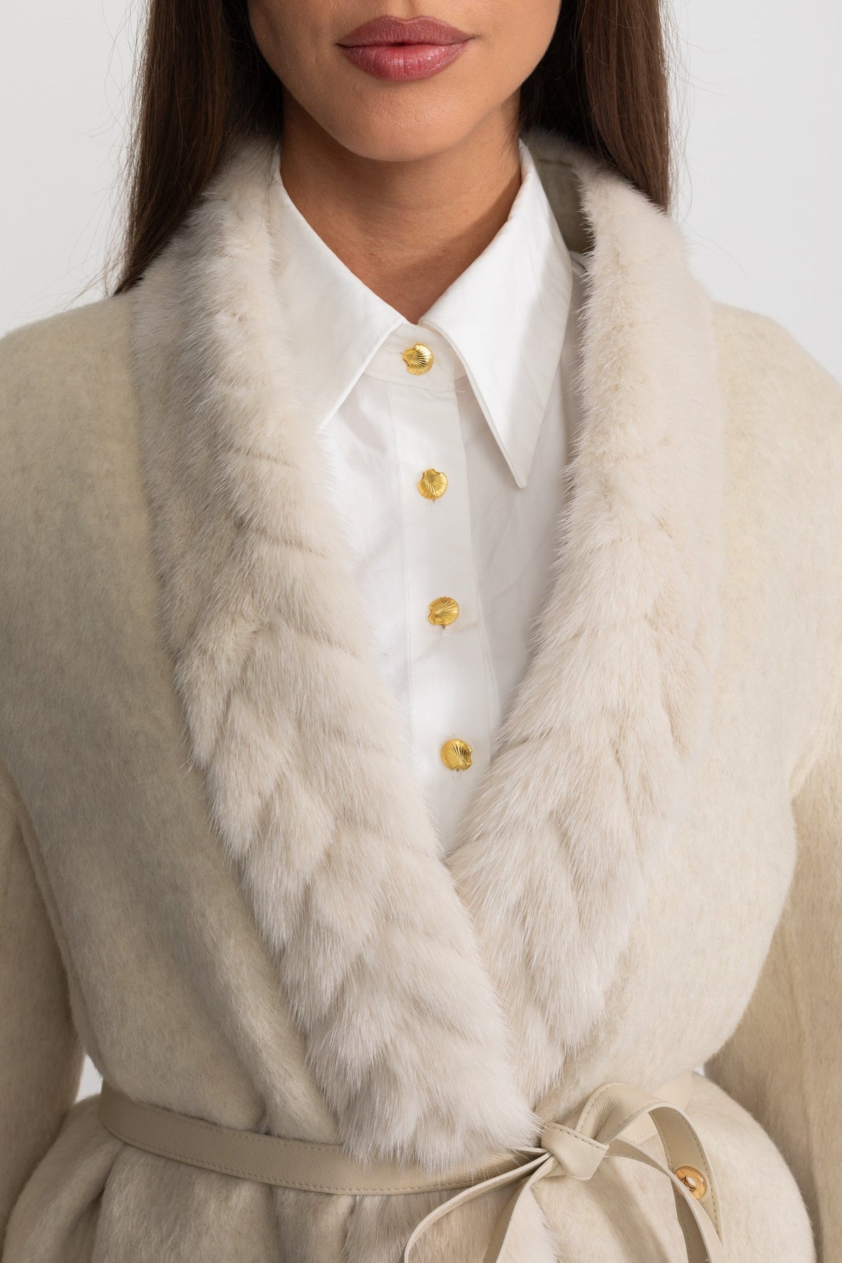 Wool and Alpaca Cocoon Jacket with Shawl Collar and Leather Belt – Ivoire – view 6