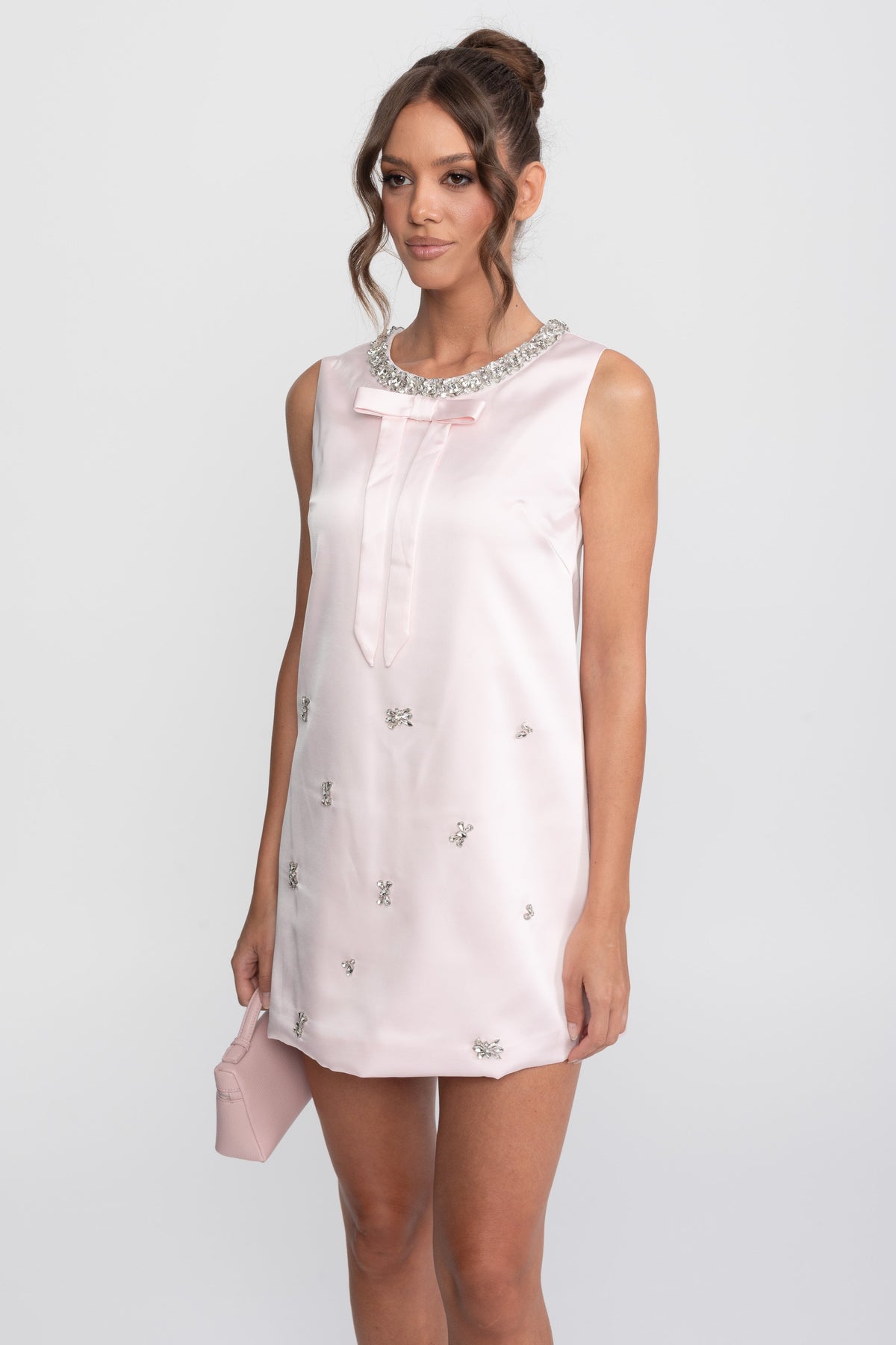 Satin Shift Mini Dress with Crystal Clusters and Bow – Pink – view 6