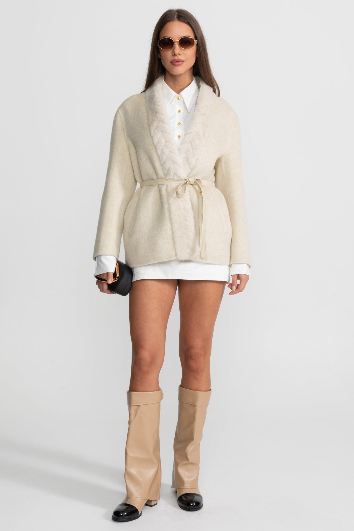 Wool and Alpaca Cocoon Jacket with Shawl Collar and Leather Belt – Ivoire – view 2