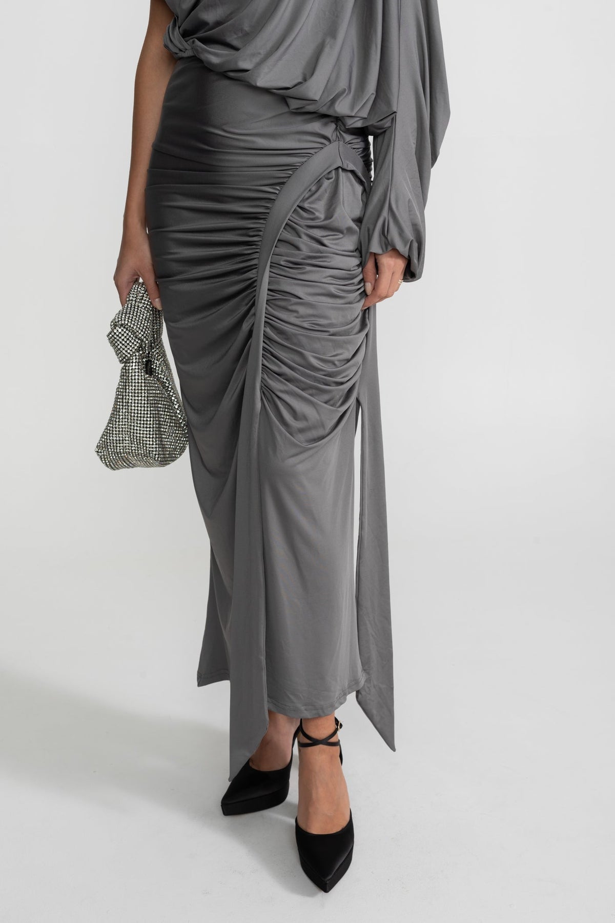 Draped Asymmetric One-Sleeve Top and Ruched Maxi Skirt Co-ord Set – Steel Grey – view 4