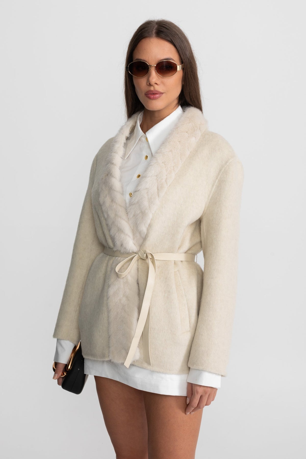Wool and Alpaca Cocoon Jacket with Shawl Collar and Leather Belt – Ivoire – view 8