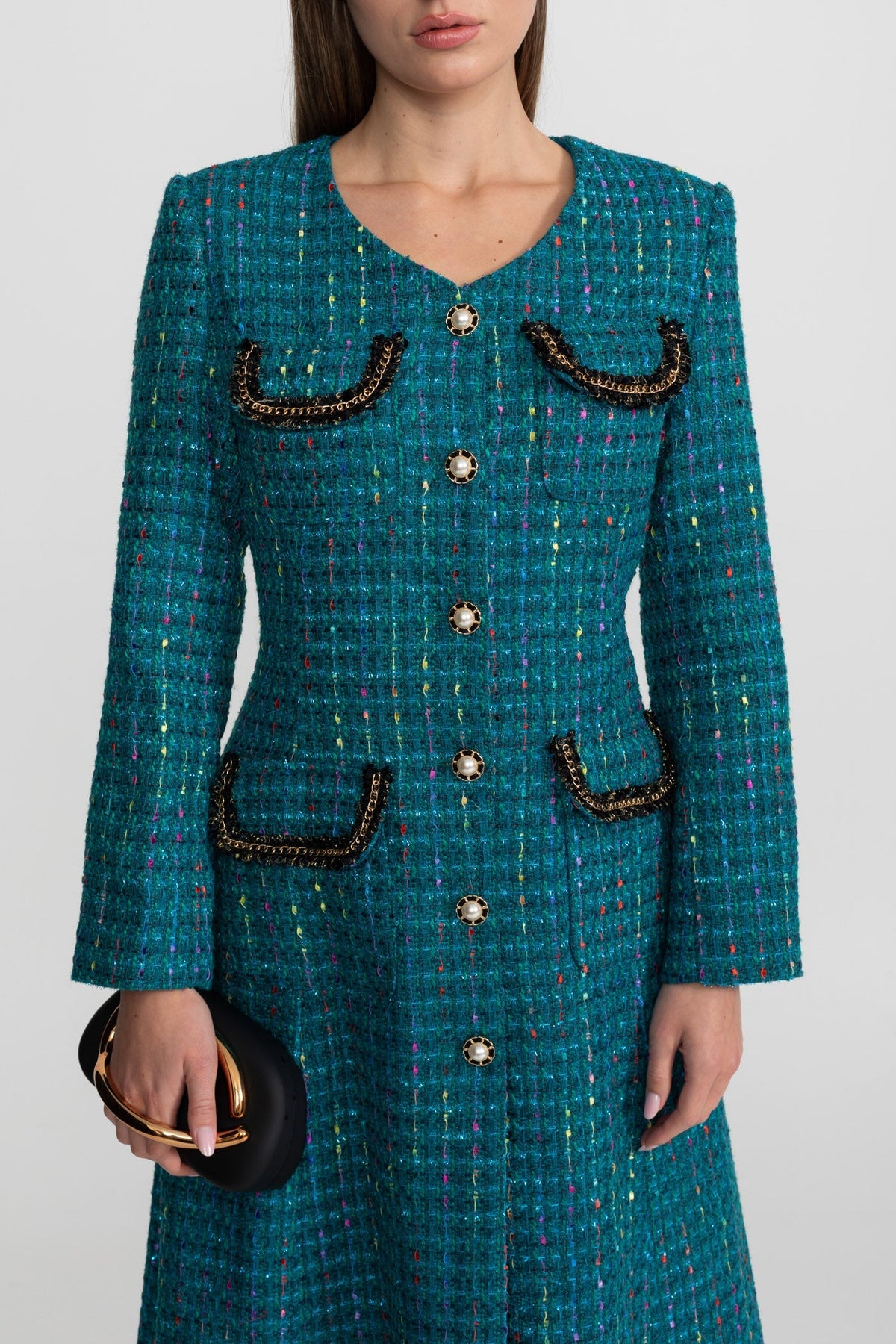 Tweed Structured Shoulder Midi Dress with Gold-Tone Buttons – Teal – view 4
