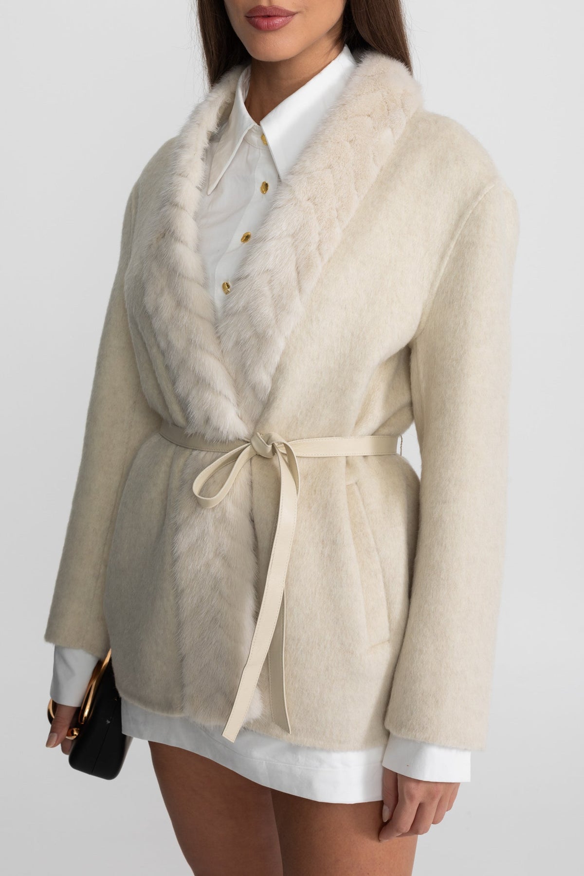 Wool and Alpaca Cocoon Jacket with Shawl Collar and Leather Belt – Ivoire – view 9
