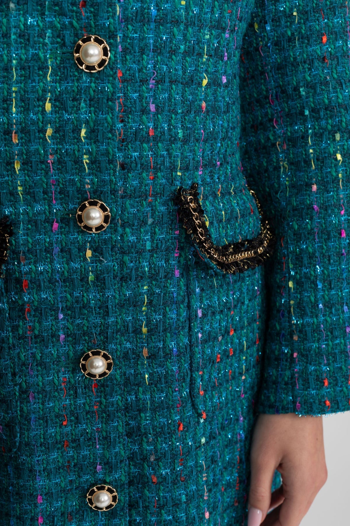 Tweed Structured Shoulder Midi Dress with Gold-Tone Buttons – Teal