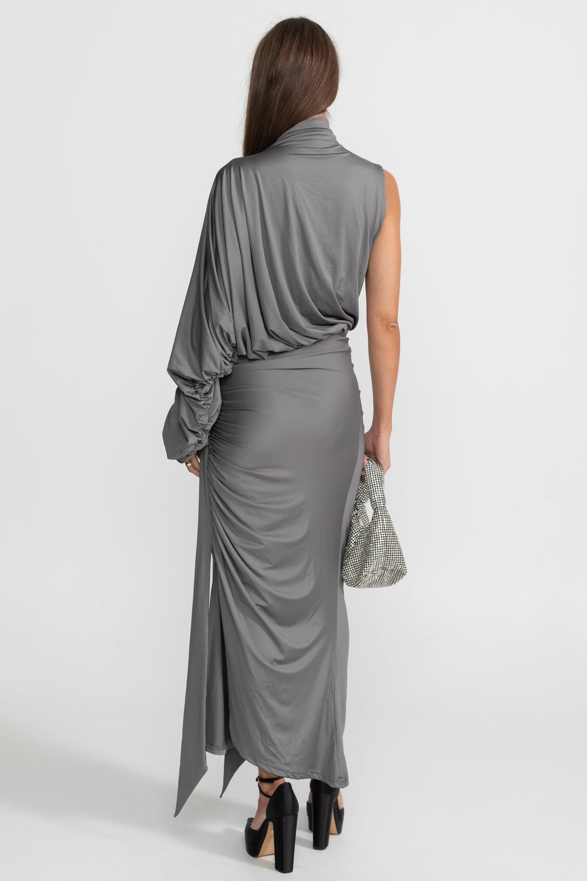 Draped Asymmetric One-Sleeve Top and Ruched Maxi Skirt Co-ord Set – Steel Grey – view 5