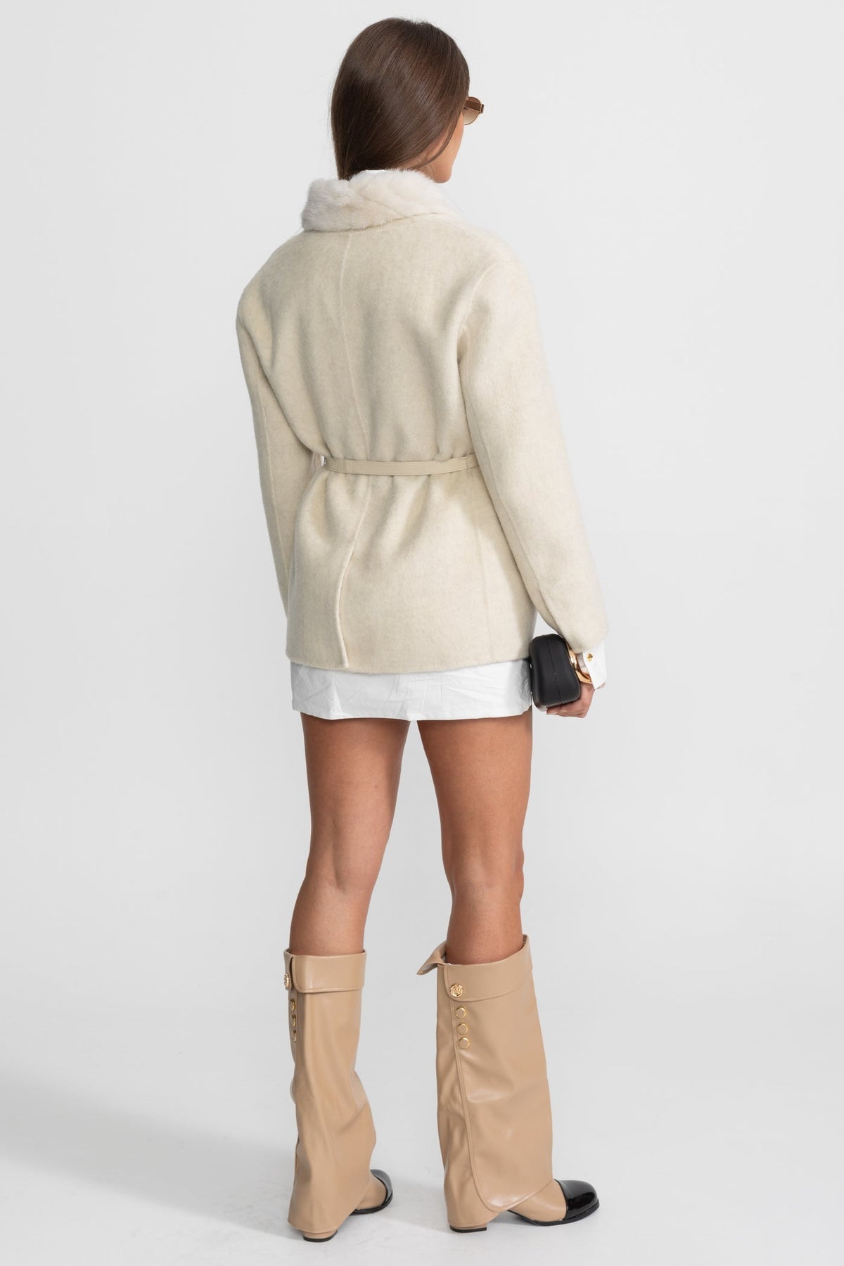 Wool and Alpaca Cocoon Jacket with Shawl Collar and Leather Belt – Ivoire – view 10