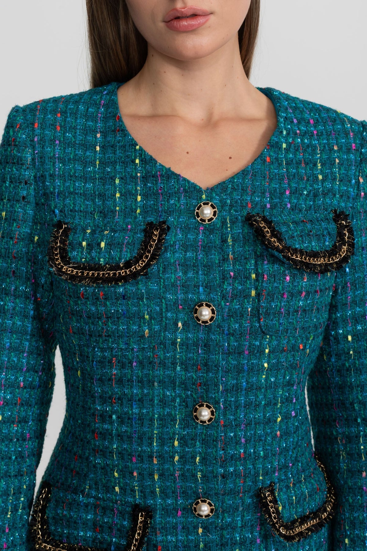 Tweed Structured Shoulder Midi Dress with Gold-Tone Buttons – Teal