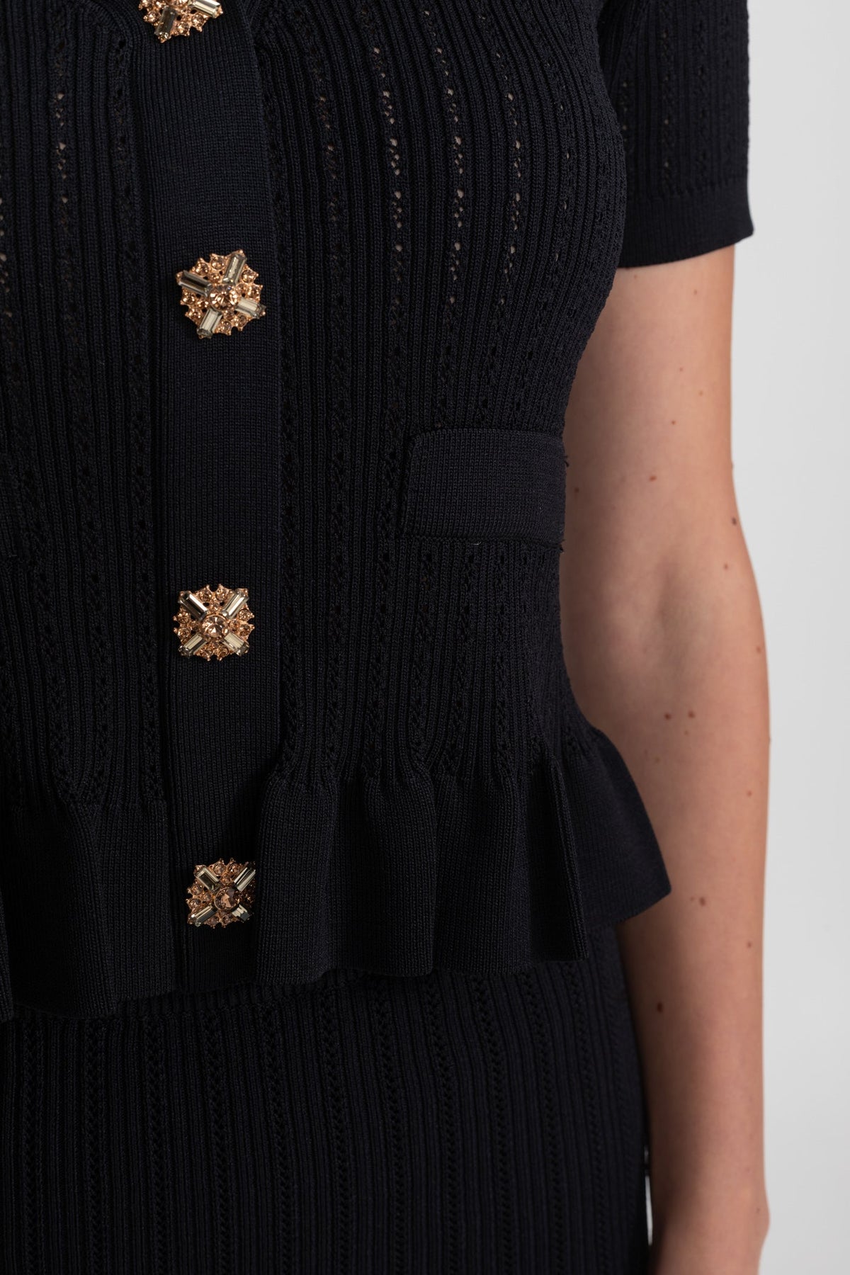 Ribbed Knit Peplum Top and Midi Skirt Co-ord with Gold Buttons – Black – view 4