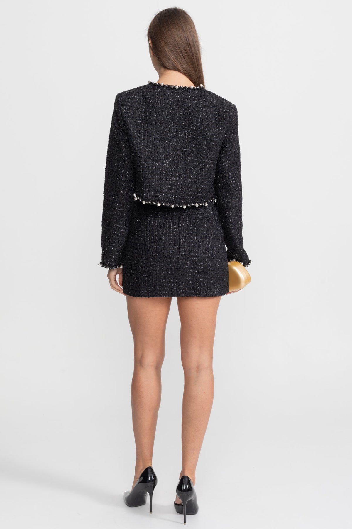 Cropped Open-Front Tweed Blazer with Pearl Trim – Black – view 4