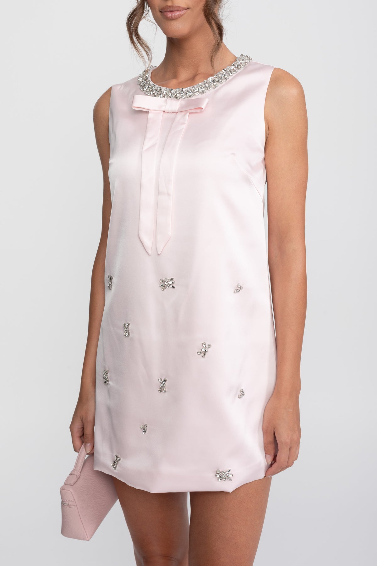Satin Shift Mini Dress with Crystal Clusters and Bow – Pink – view 8