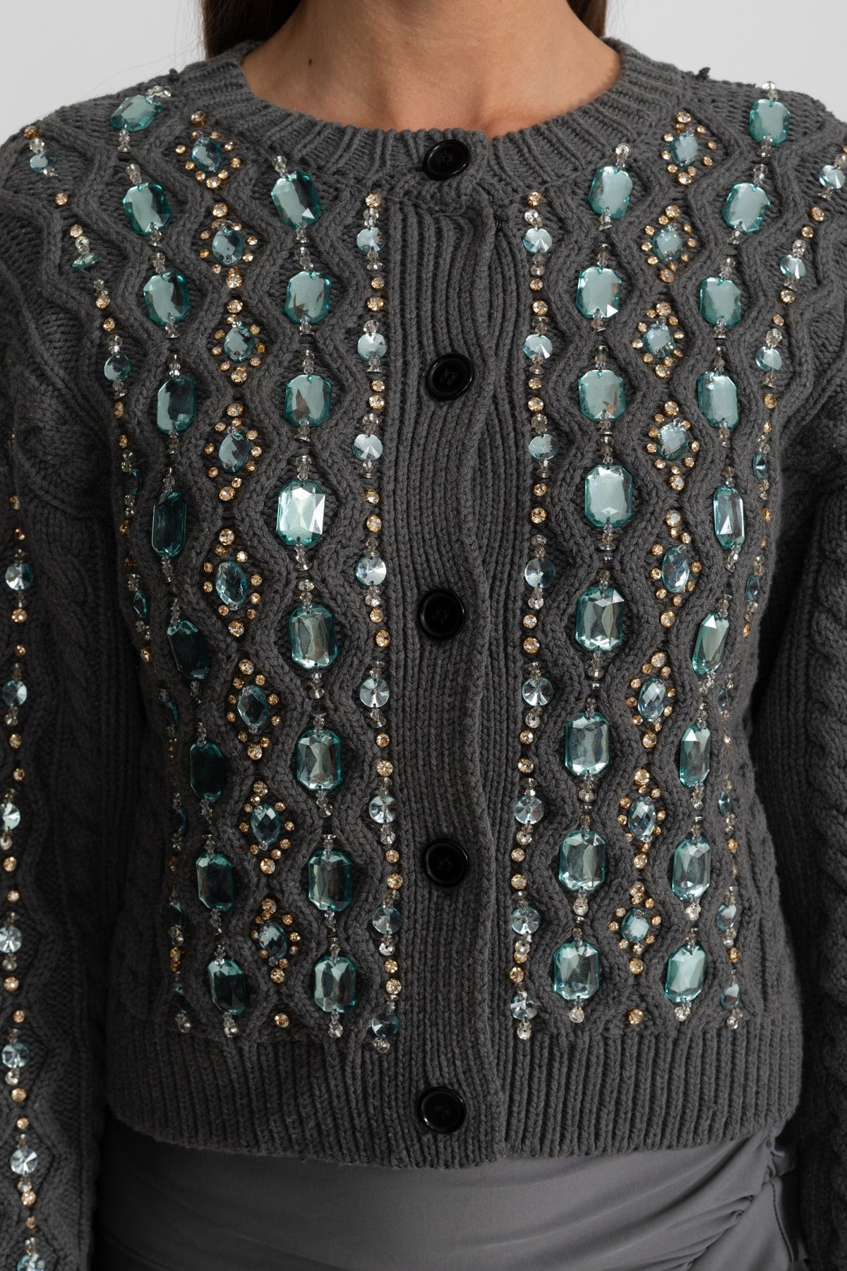 Cropped Embellished Cable Knit Cardigan with Gem Detailing – Charcoal Grey – view 3