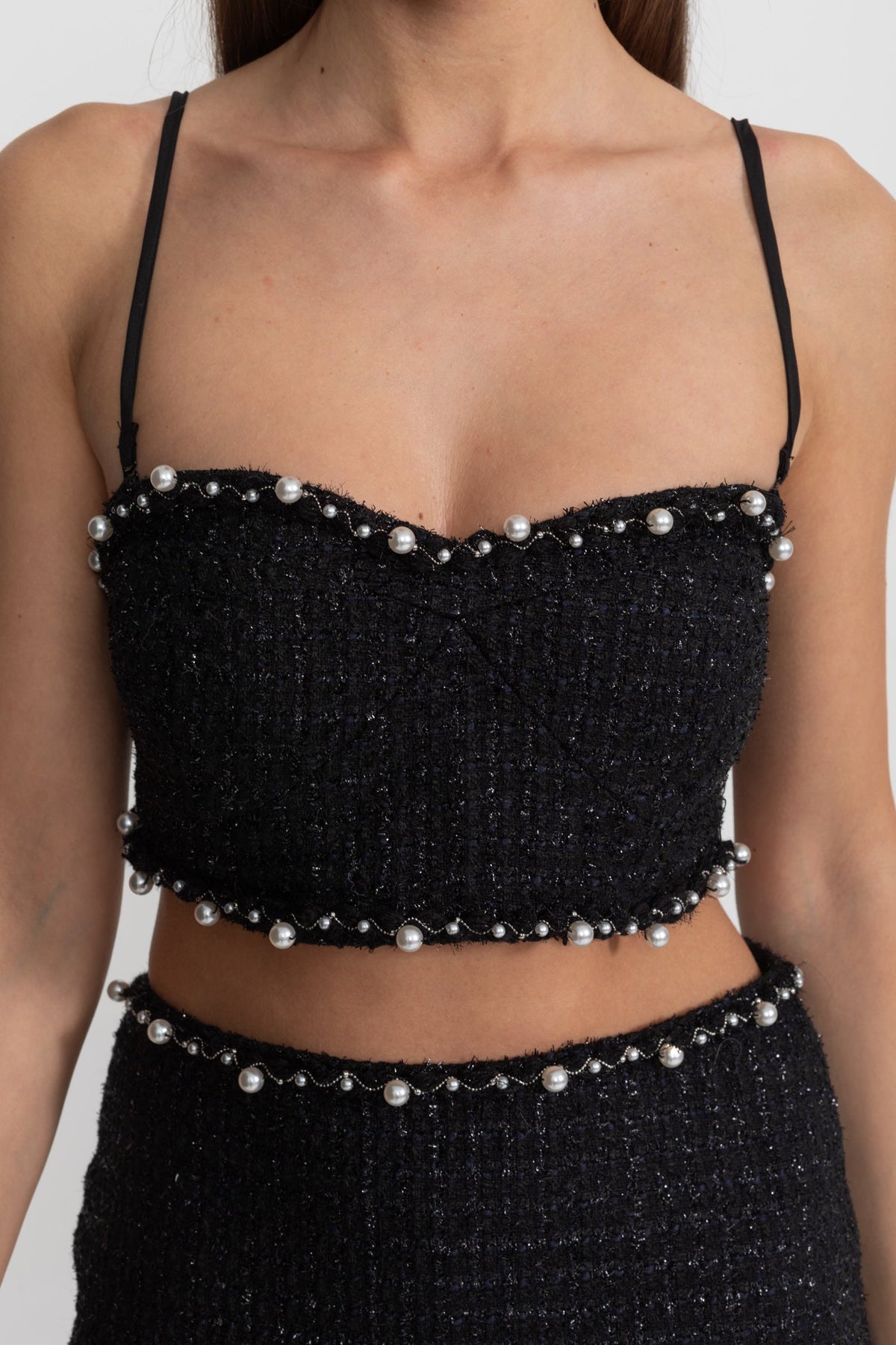 Pearl Trim Tweed Bustier Top and Mini Skirt Co-ord Set – Black – view 6