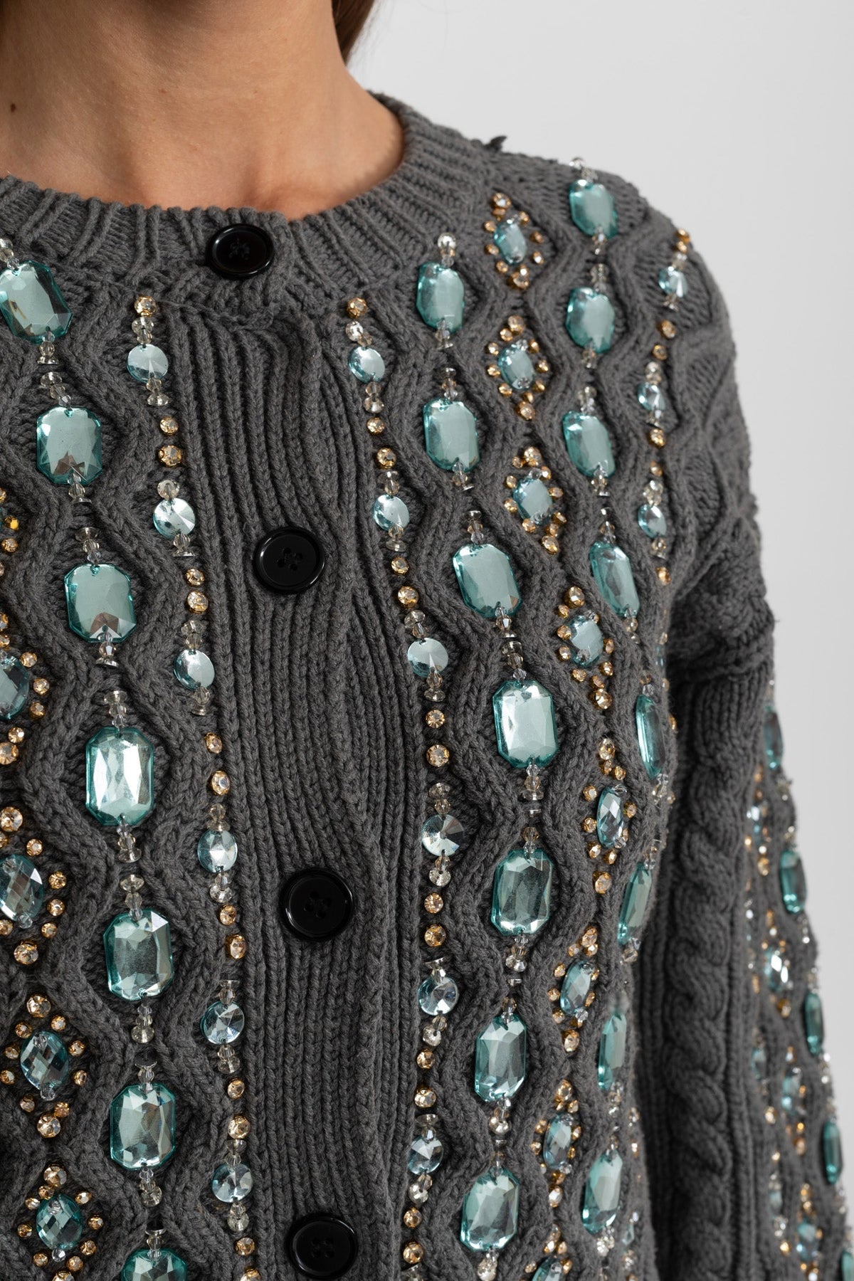 Cropped Embellished Cable Knit Cardigan with Gem Detailing – Charcoal Grey – view 4