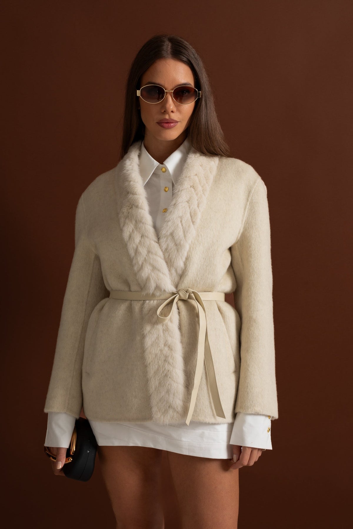 Wool and Alpaca Cocoon Jacket with Shawl Collar and Leather Belt – Ivoire – view 13