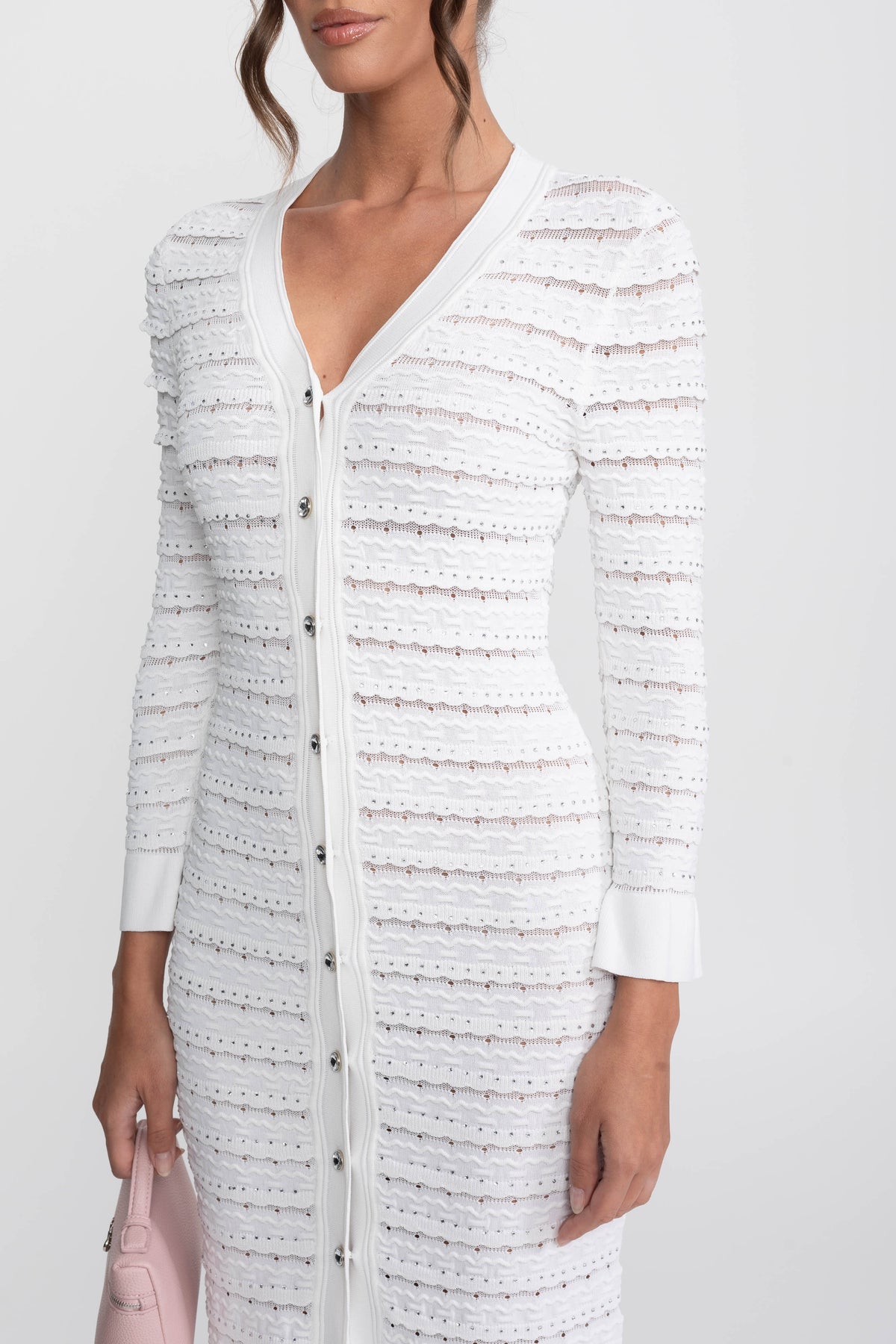 Textured Knit Maxi Cardigan Dress with Crystal Buttons – White – view 5