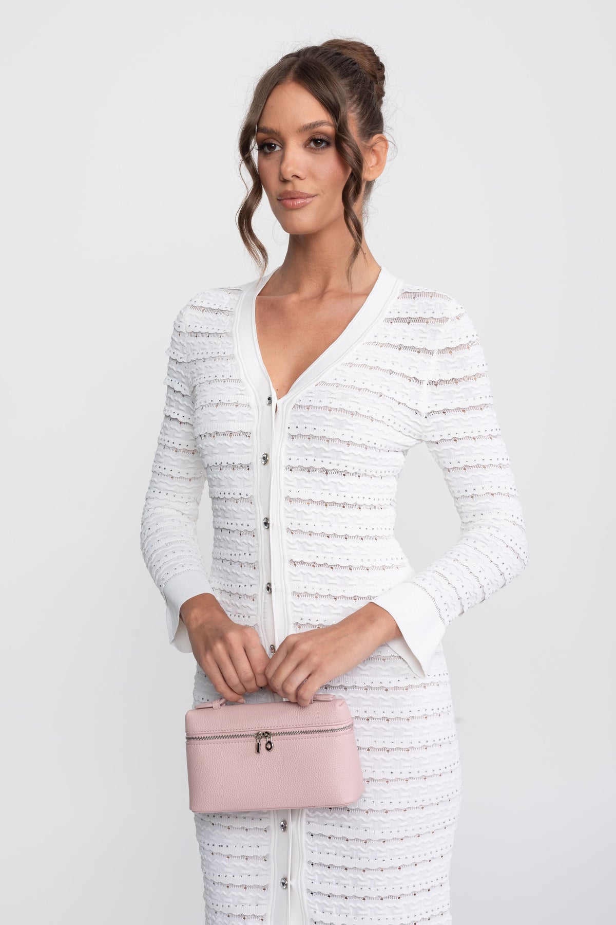 Textured Knit Maxi Cardigan Dress with Crystal Buttons – White – view 4