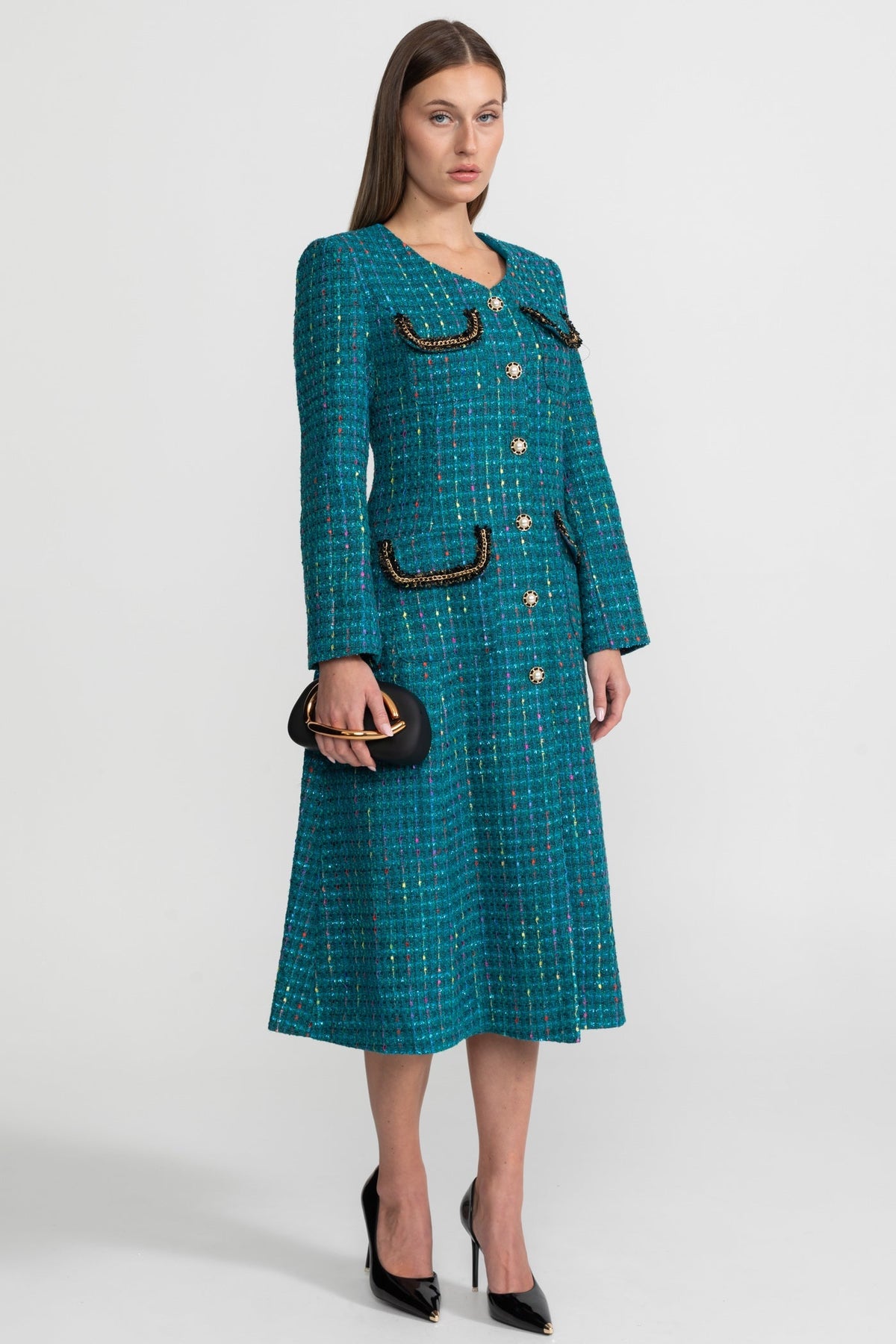 Tweed Structured Shoulder Midi Dress with Gold-Tone Buttons – Teal