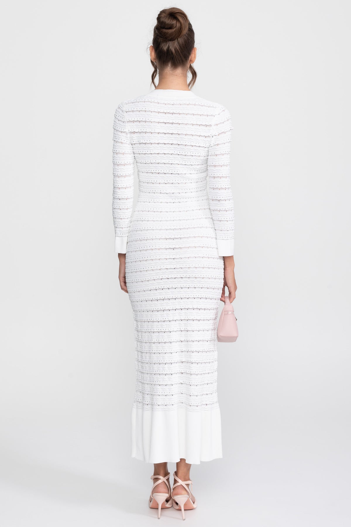 Textured Knit Maxi Cardigan Dress with Crystal Buttons – White – view 6