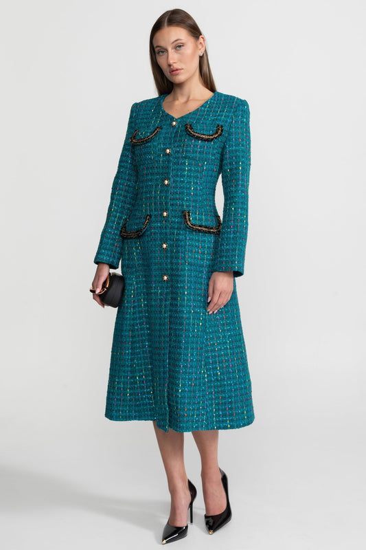 Tweed Structured Shoulder Midi Dress with Gold-Tone Buttons – Teal