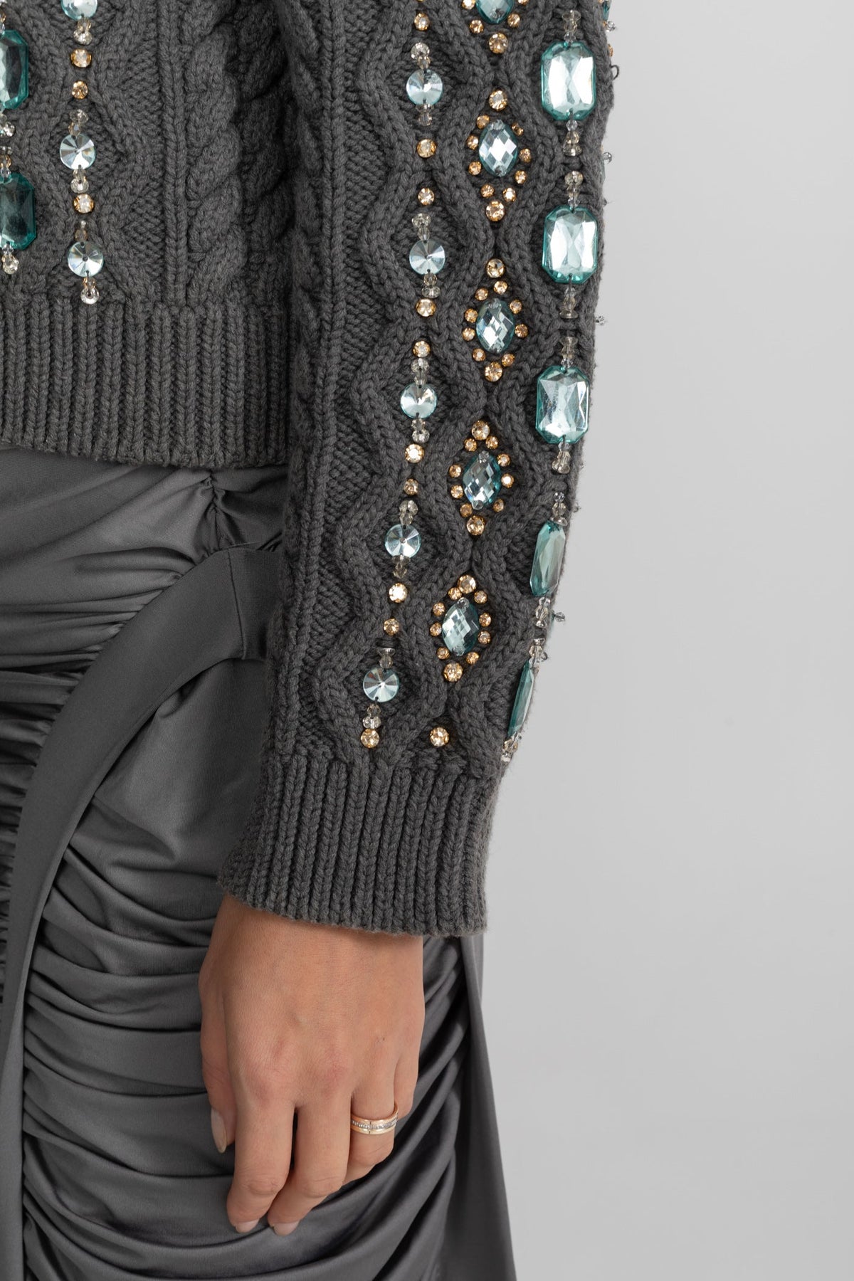 Cropped Embellished Cable Knit Cardigan with Gem Detailing – Charcoal Grey – view 5
